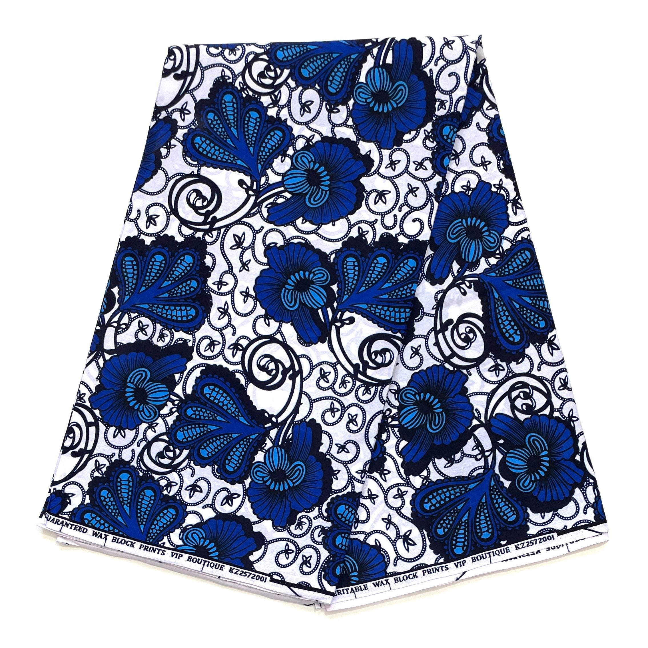 Wax Pagne Africain - Tissu 6 Yards 100% Coton - BLANC / BLEU