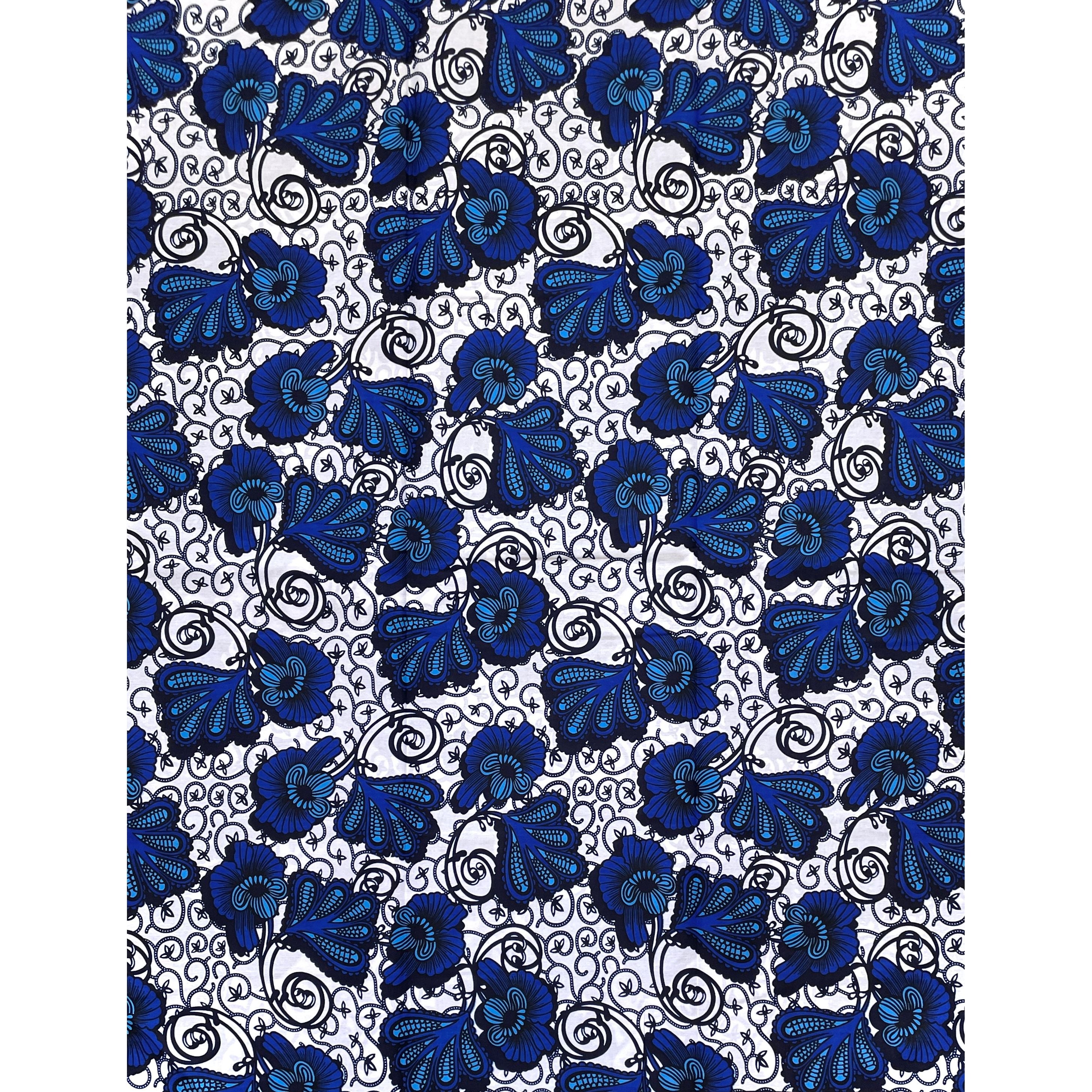 Wax Pagne Africain - Tissu 6 Yards 100% Coton - BLANC / BLEU