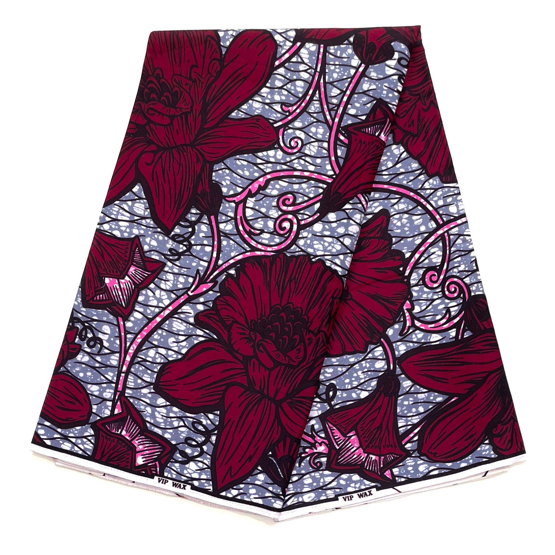Wax Pagne Africain - Tissu 6 Yards 100% Coton - ROUGE / GRIS / ROSE