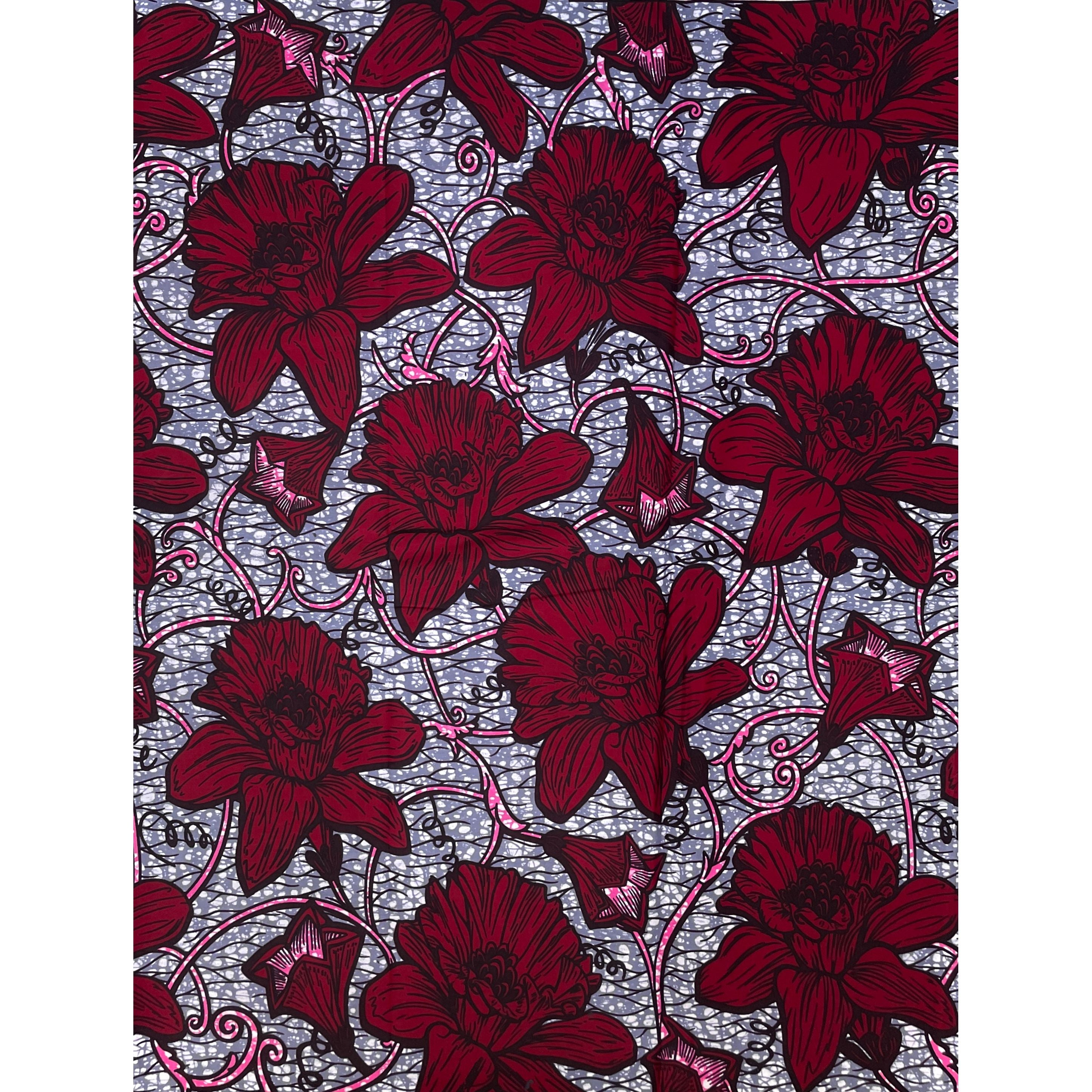 Wax Pagne Africain - Tissu 6 Yards 100% Coton - ROUGE / GRIS / ROSE