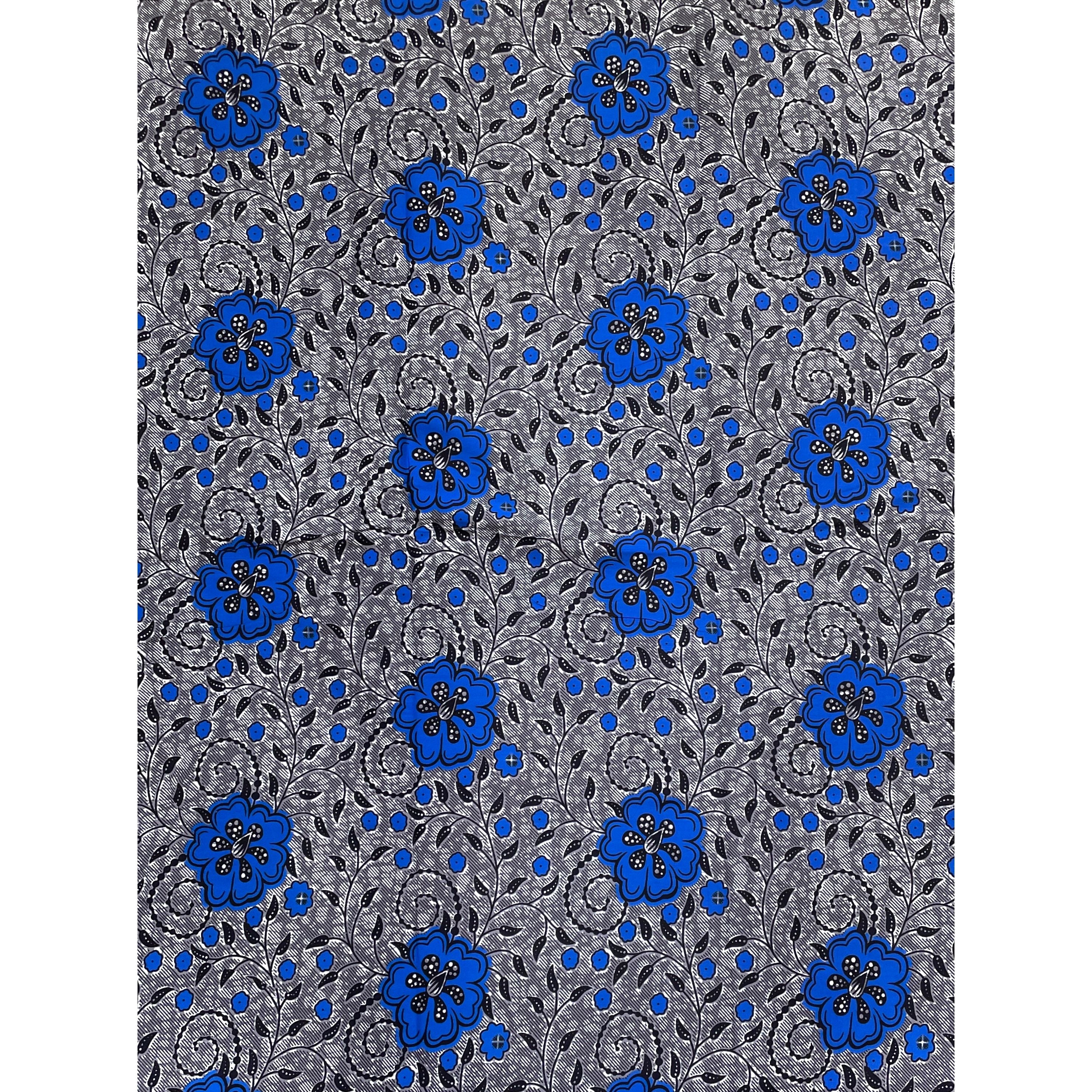 Wax Pagne Africain - Tissu 6 Yards 100% Coton - GRIS / BLEU