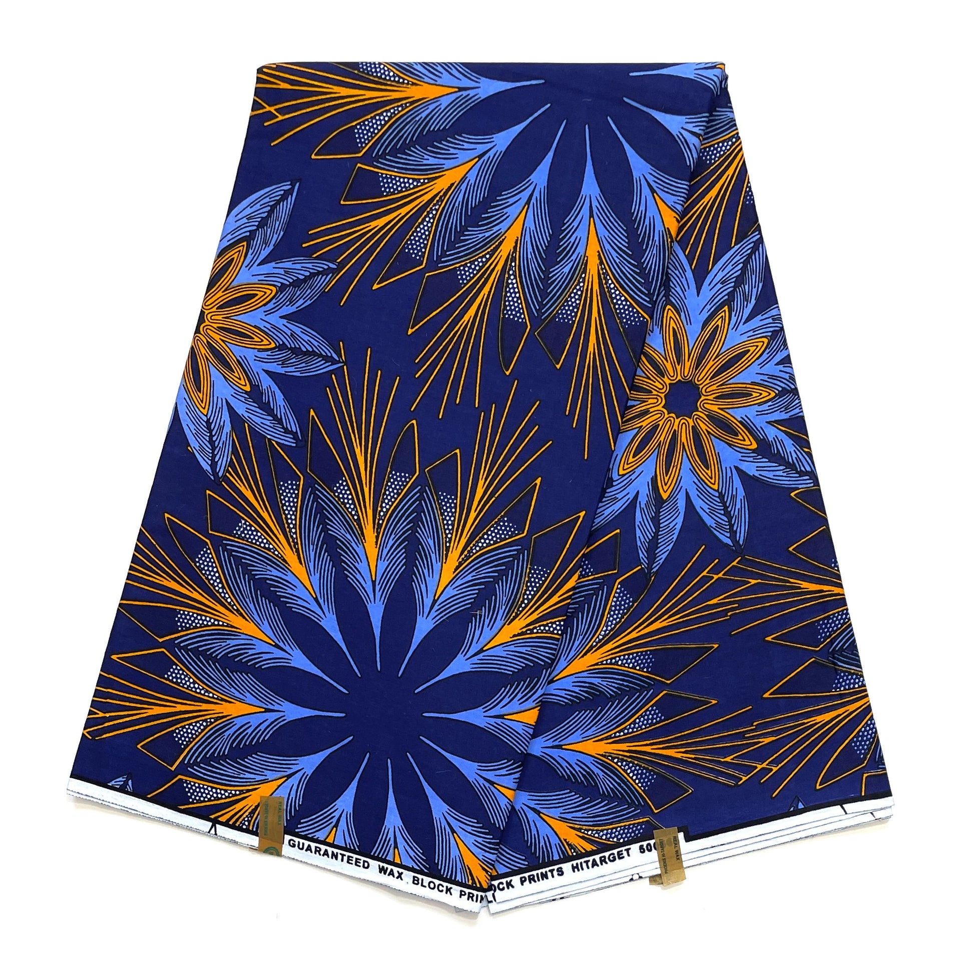 Tissu Wax Pagne Africain - 6 Yards 100% Coton - BLEU / ORANGE