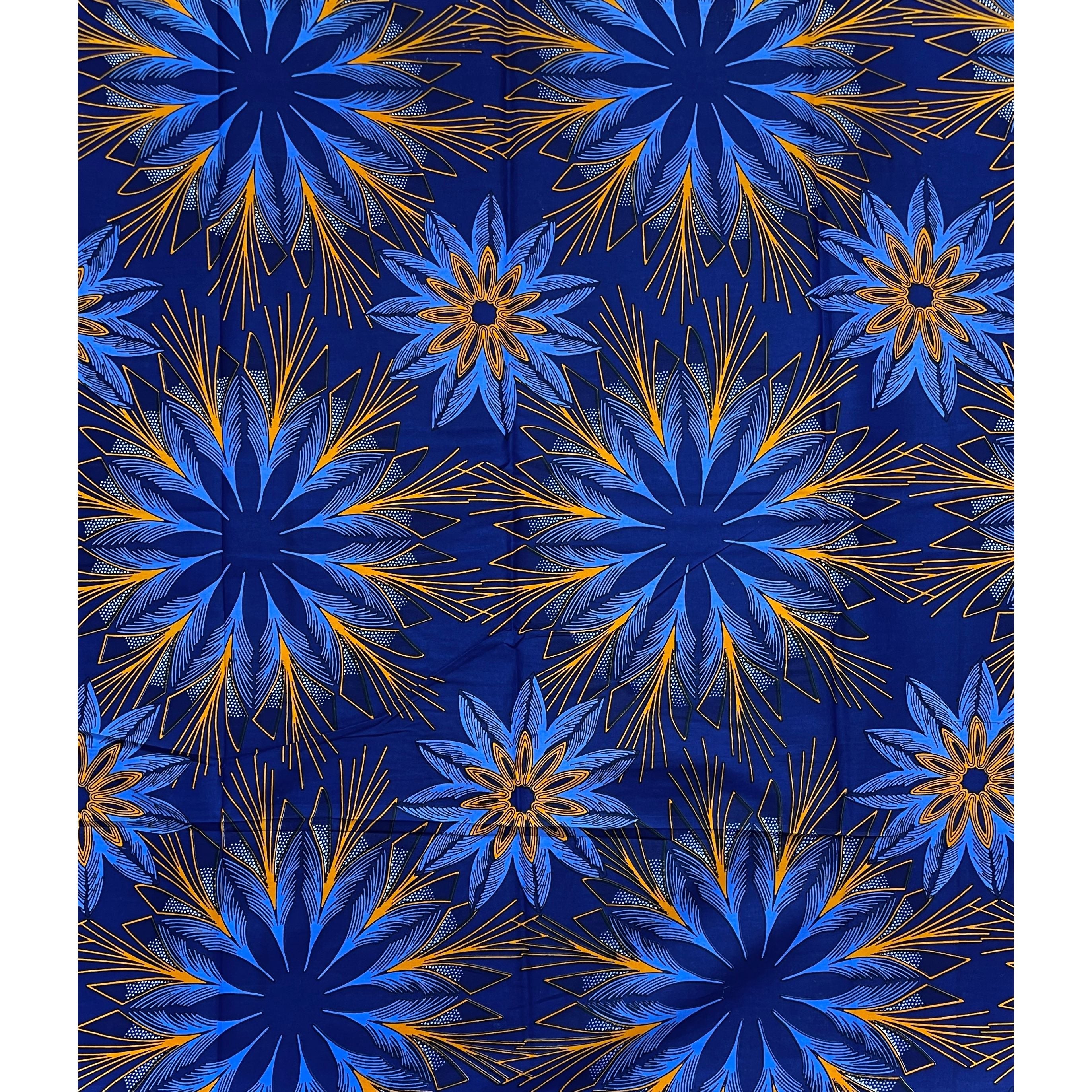 Tissu Wax Pagne Africain - 6 Yards 100% Coton - BLEU / ORANGE