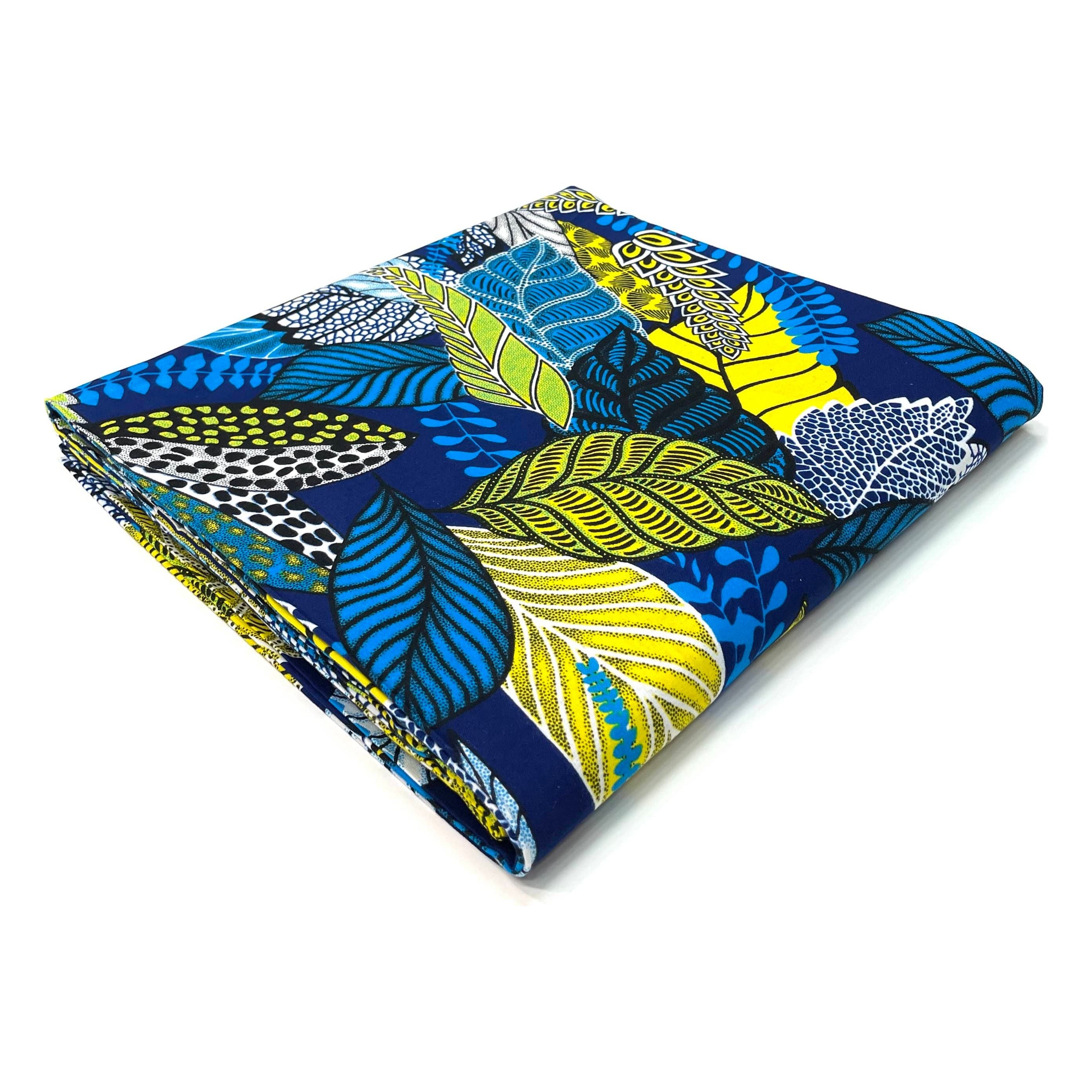 Wax Tissu Pagne Africain - Coupon 2 Yards 100% Coton - BLEU / JAUNE