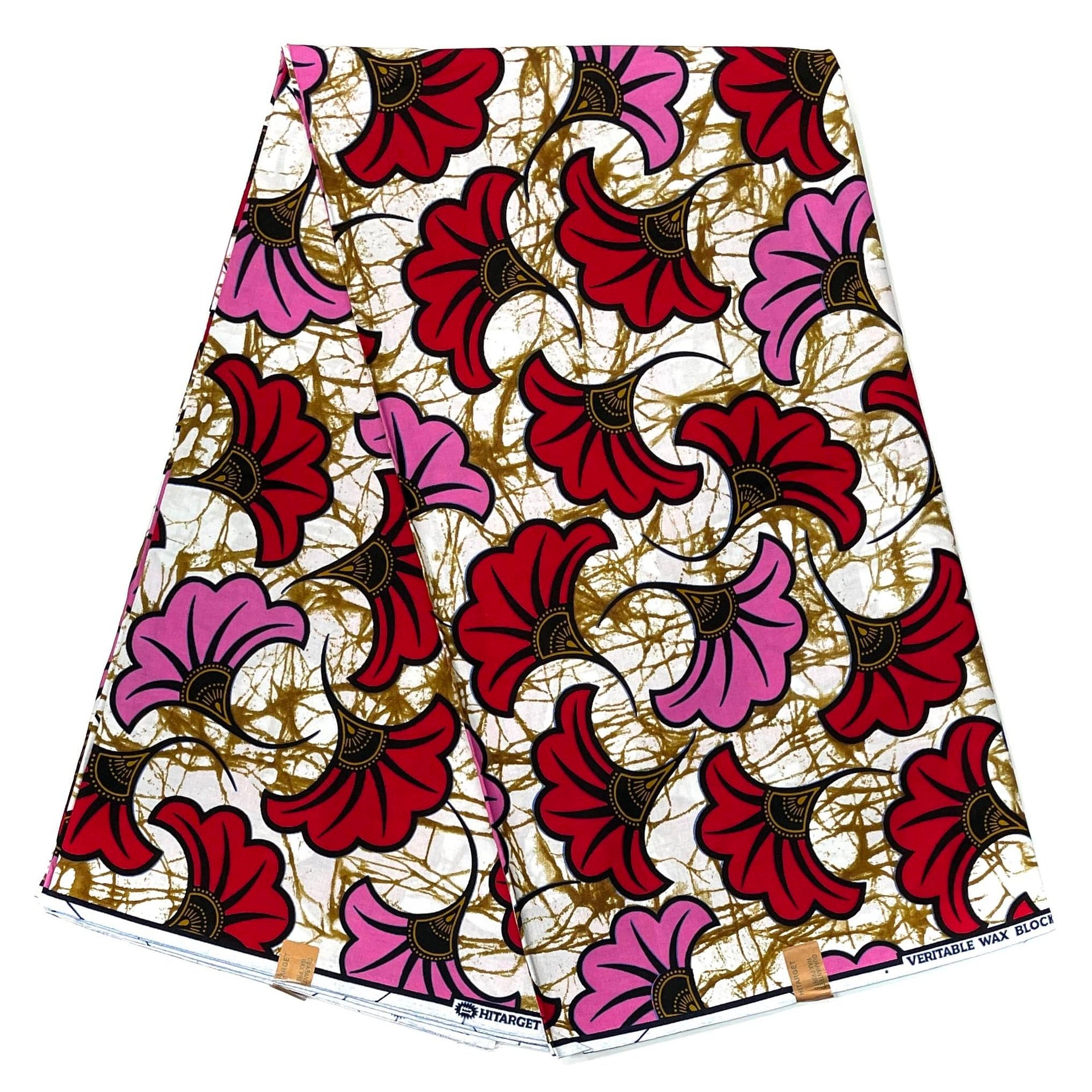 Wax Pagne Africain - Tissu 6 Yards 100% Coton - BEIGE / ROUGE / ROSE