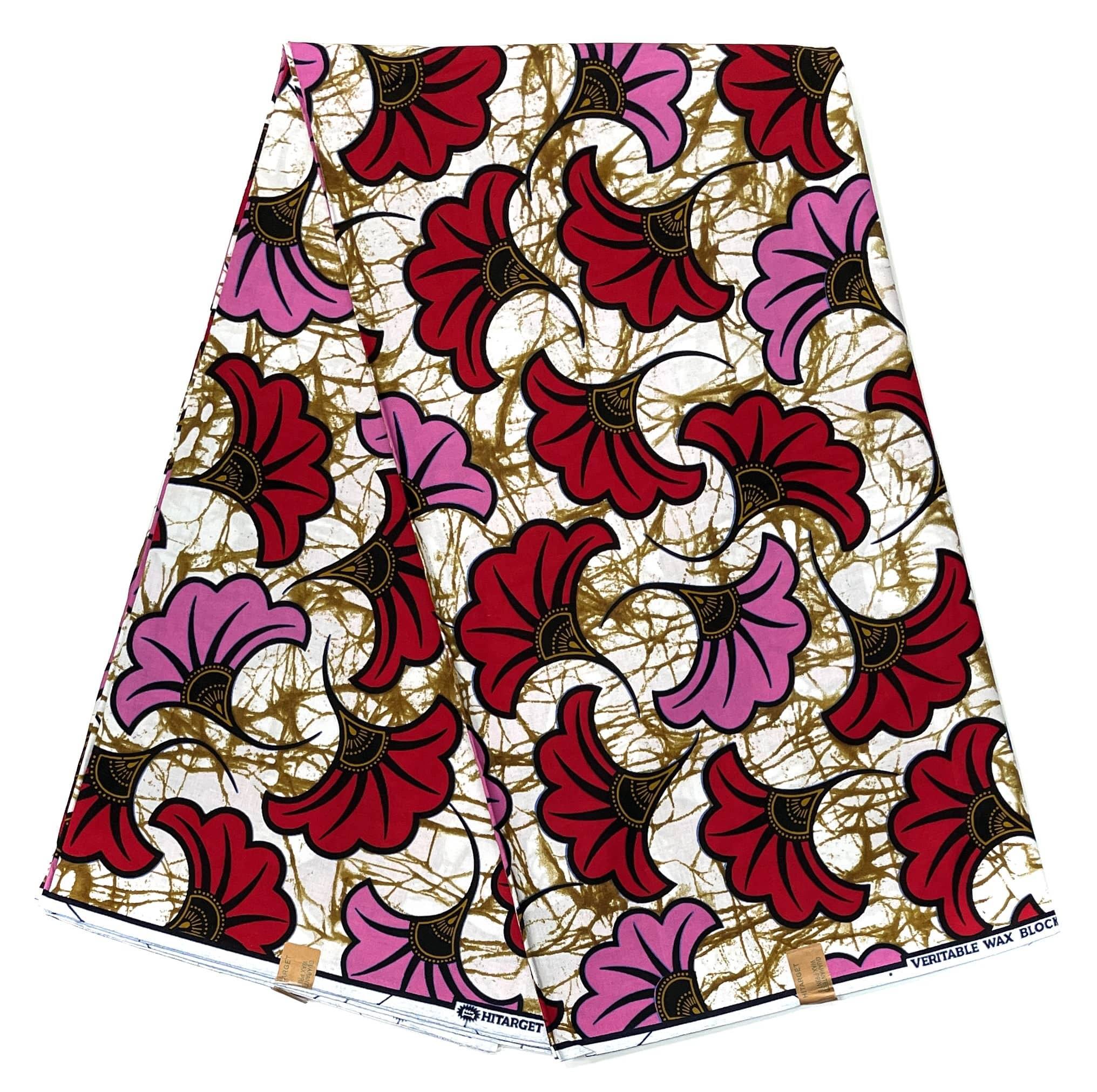 Wax Pagne Africain - Tissu 6 Yards 100% Coton - BEIGE / ROUGE / ROSE