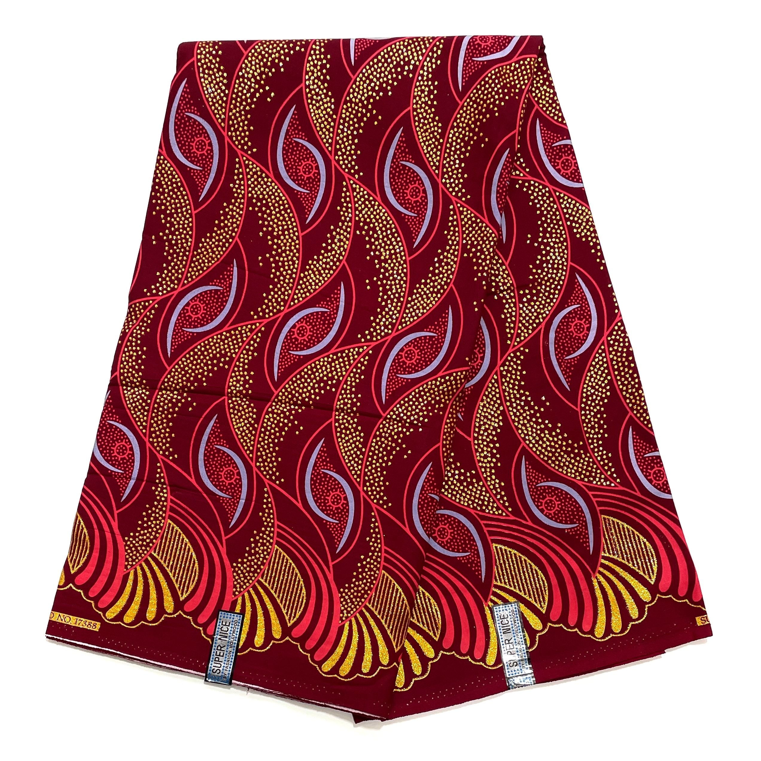 Tissu Wax Pagne Africain - 6 Yards 100% Coton - Pailleté et Brillant - BORDEAUX / DORÉ