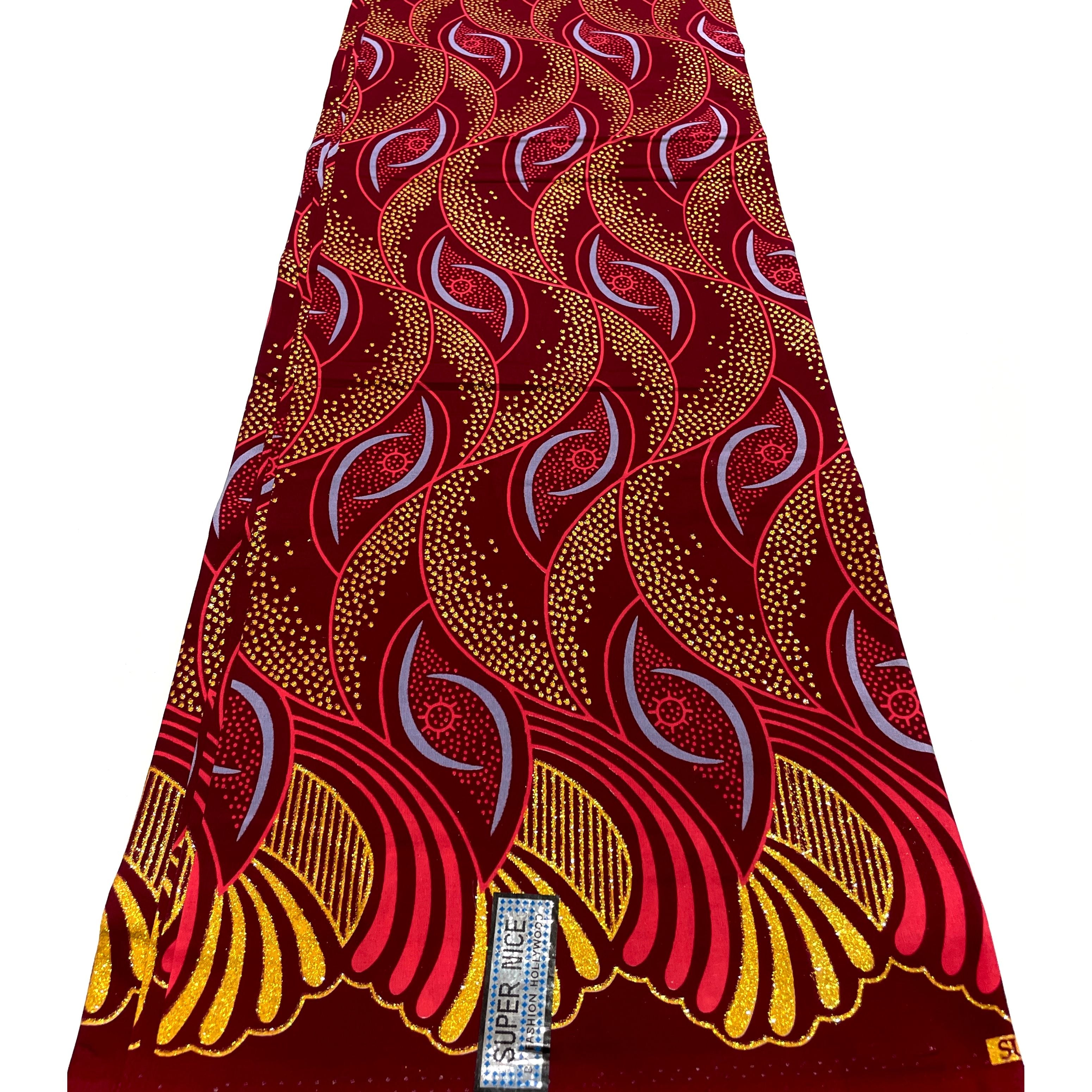 Tissu Wax Pagne Africain - 6 Yards 100% Coton - Pailleté et Brillant - BORDEAUX / DORÉ