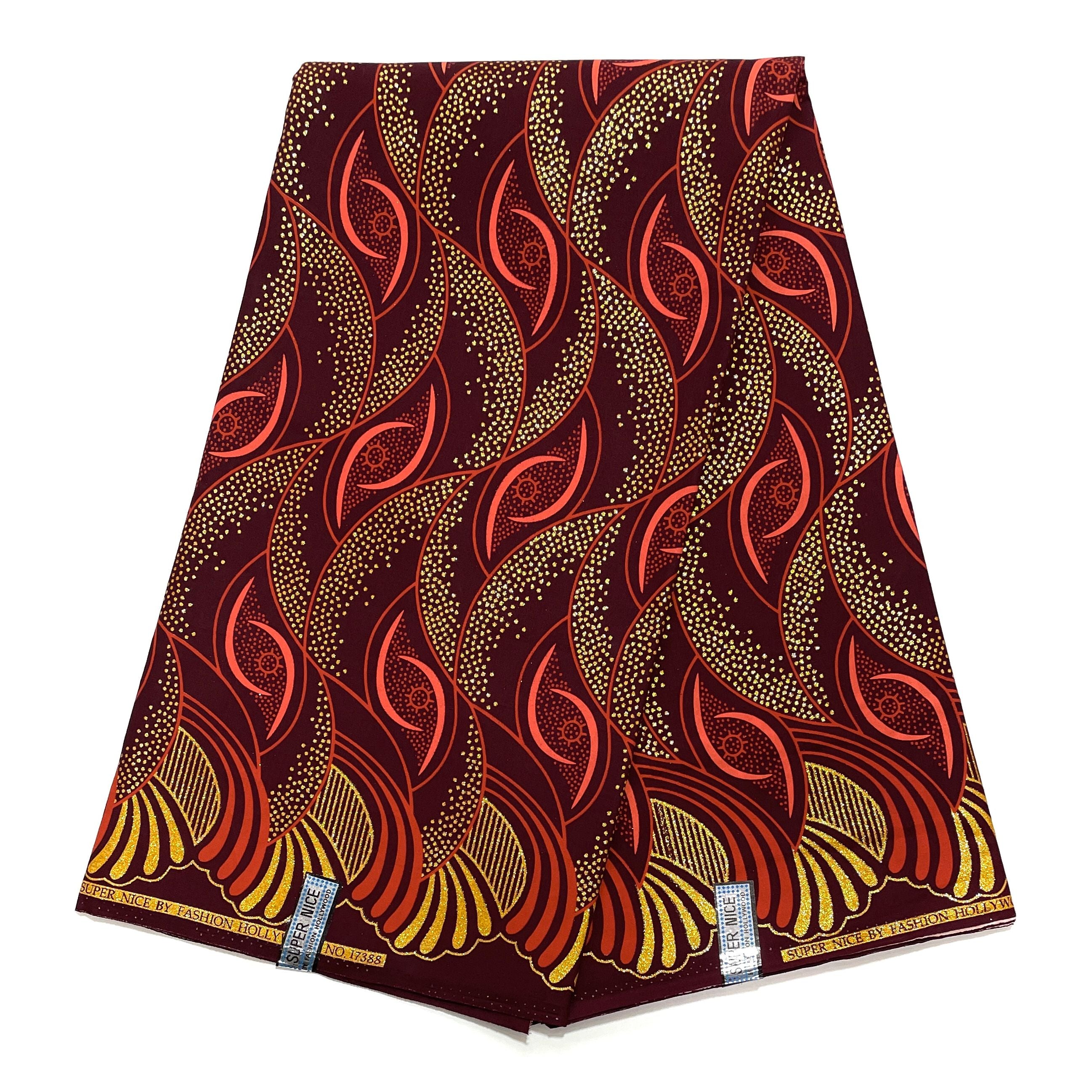 Tissu Wax Pagne Africain - 6 Yards 100% Coton - Pailleté et Brillant - MARRON / DORÉ