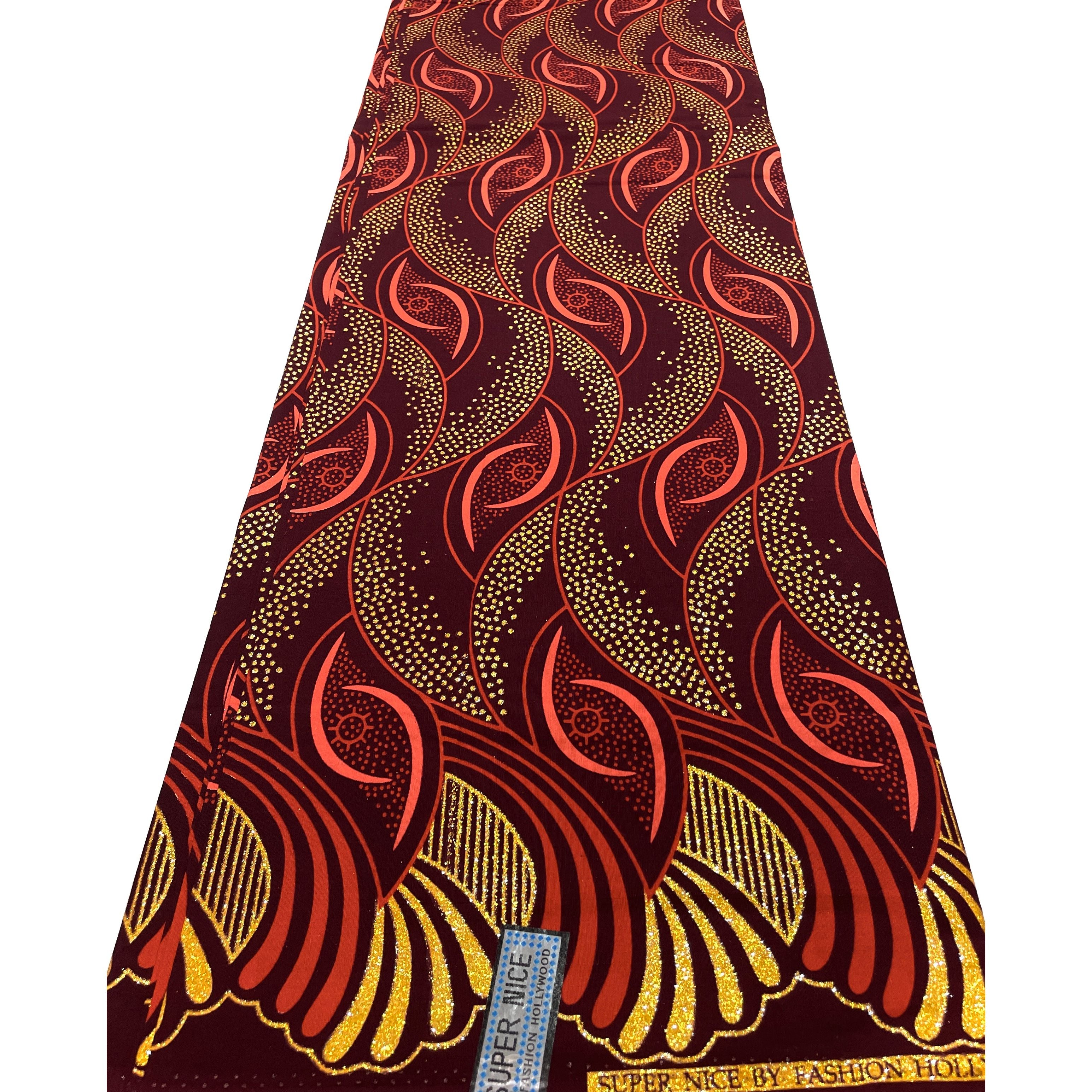 Tissu Wax Pagne Africain - 6 Yards 100% Coton - Pailleté et Brillant - MARRON / DORÉ