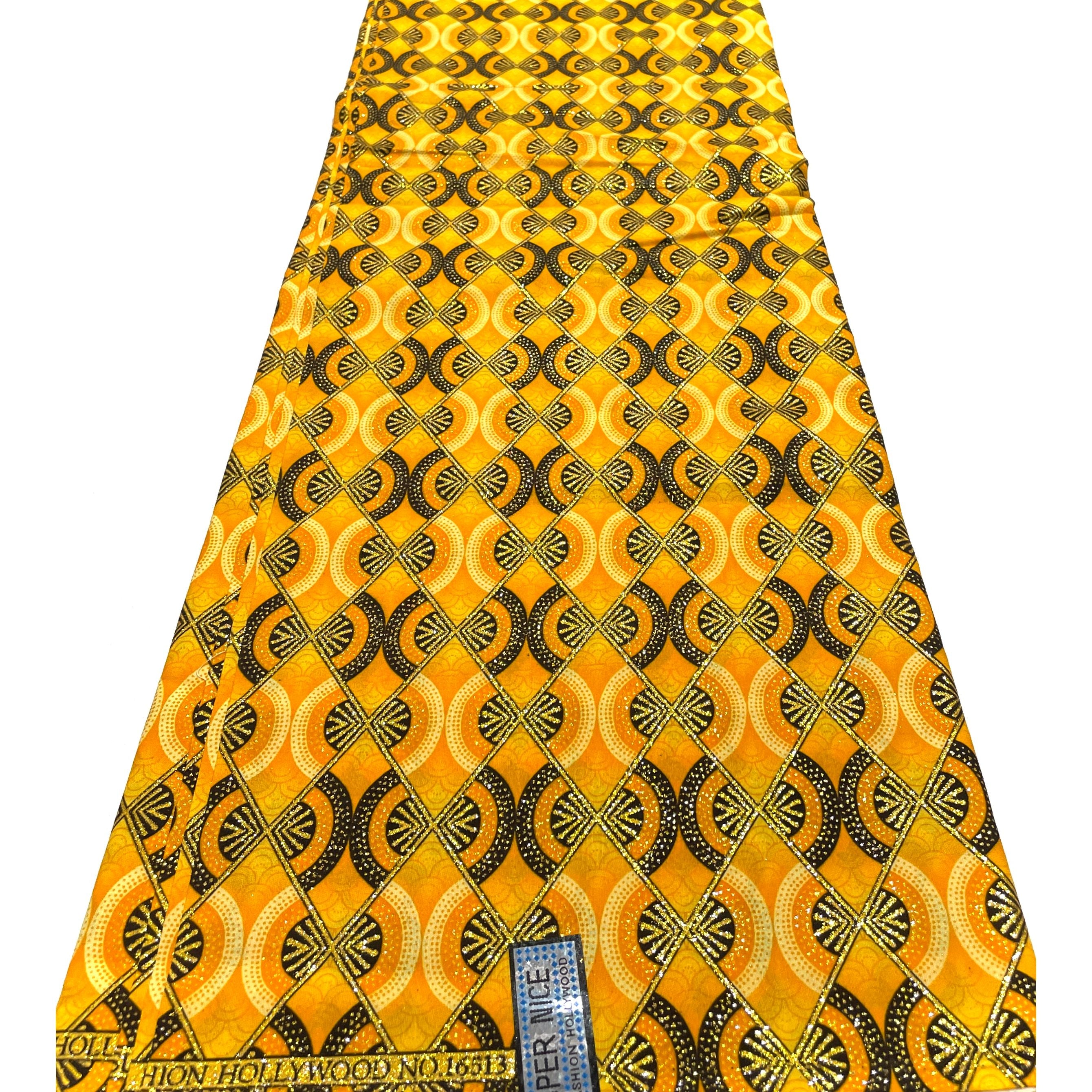 Tissu Wax Pagne Africain - 6 Yards 100% Coton - Pailleté et Brillant - JAUNE / DORÉ