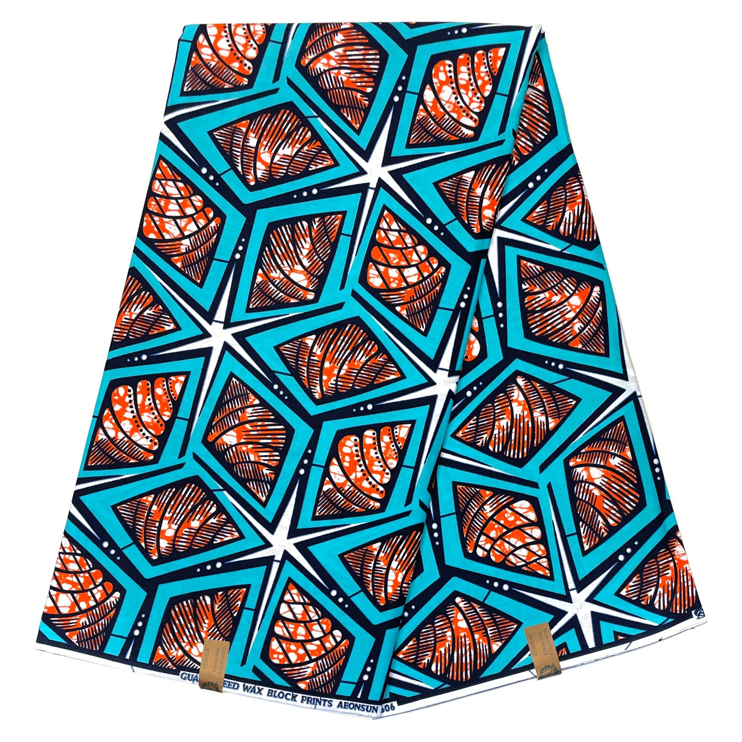Wax Pagne Africain - Tissu 6 Yards 100% Coton - TURQUOISE / ORANGE