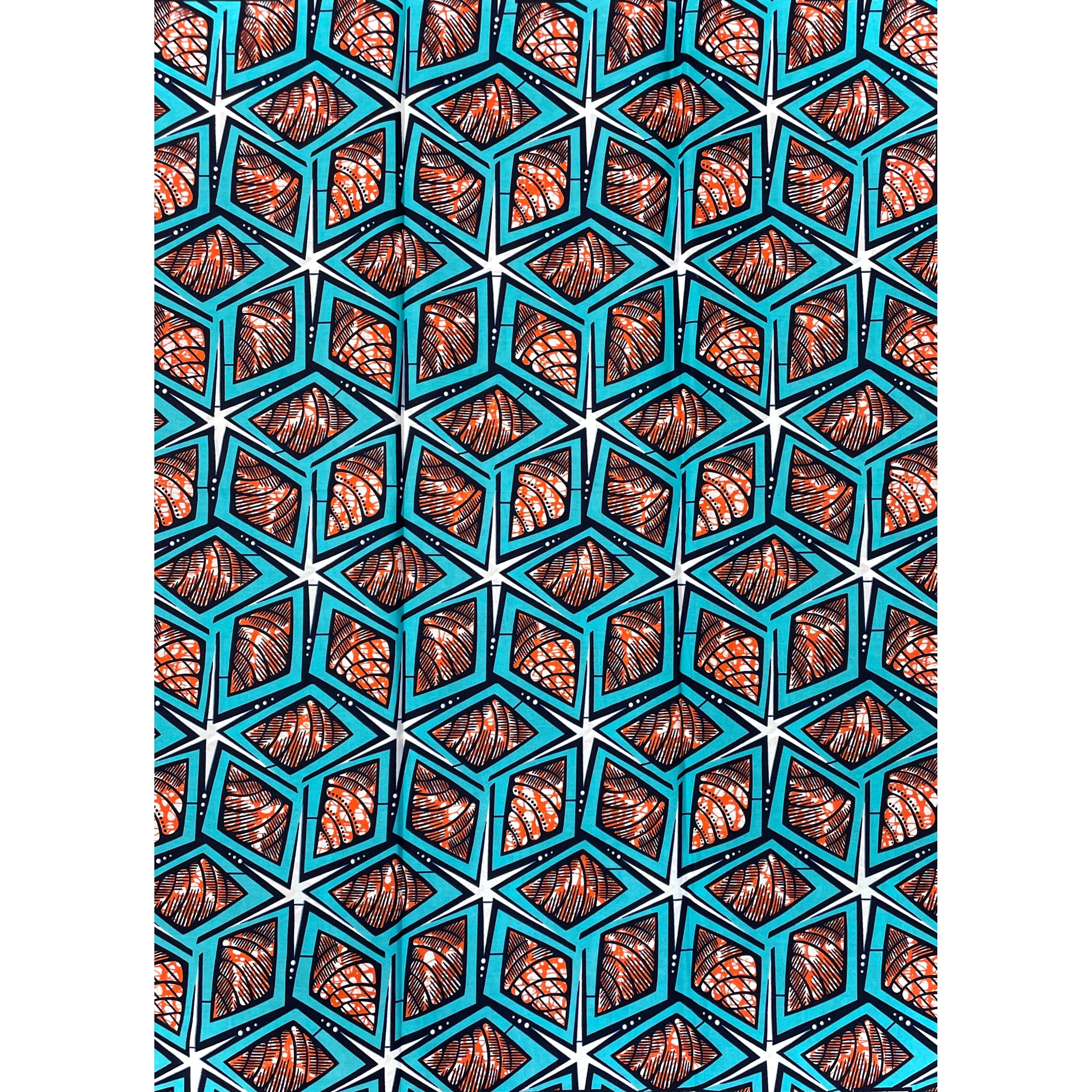 Wax Pagne Africain - Tissu 6 Yards 100% Coton - TURQUOISE / ORANGE