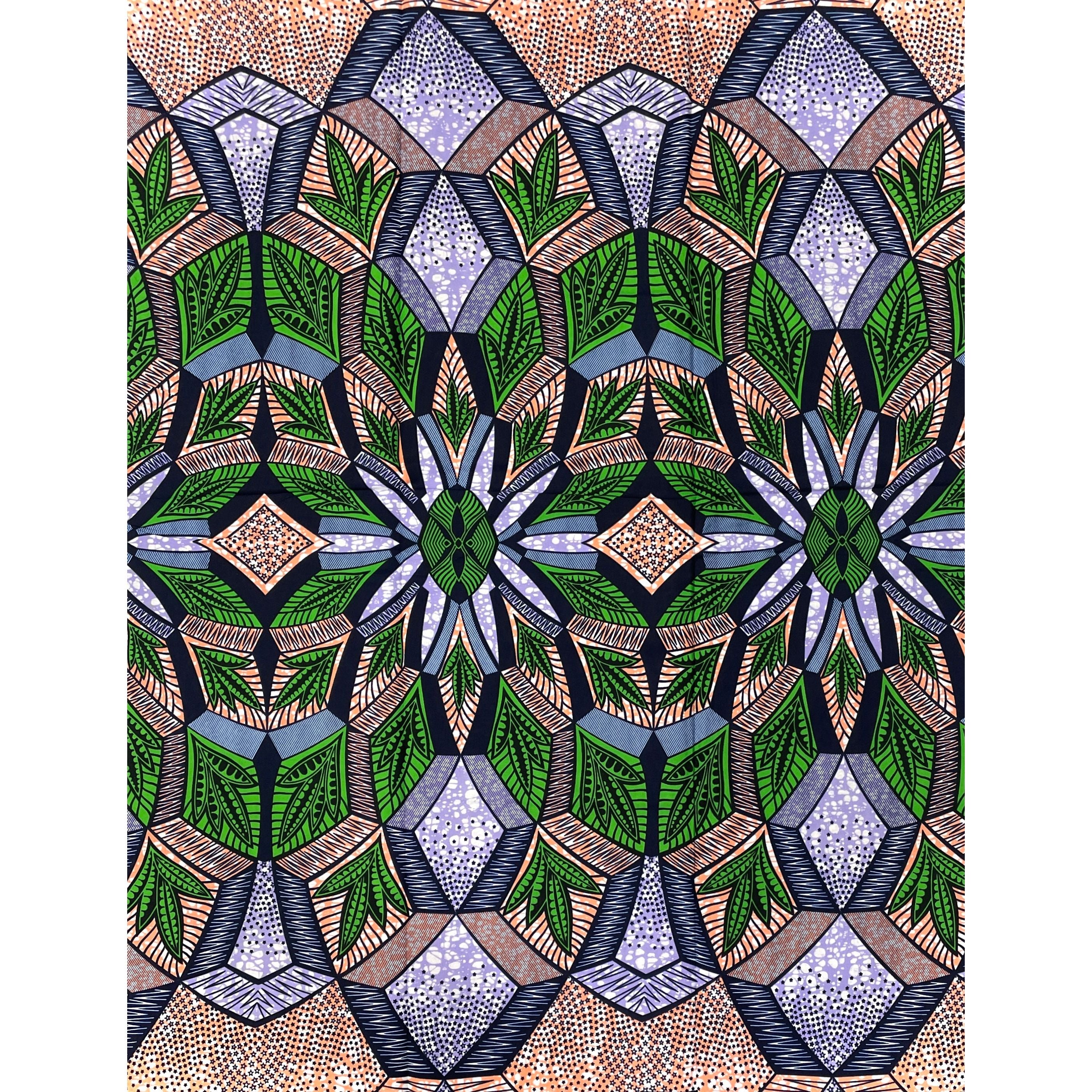 Wax Pagne Africain - Tissu 6 Yards 100% Coton - VERT / ROSE