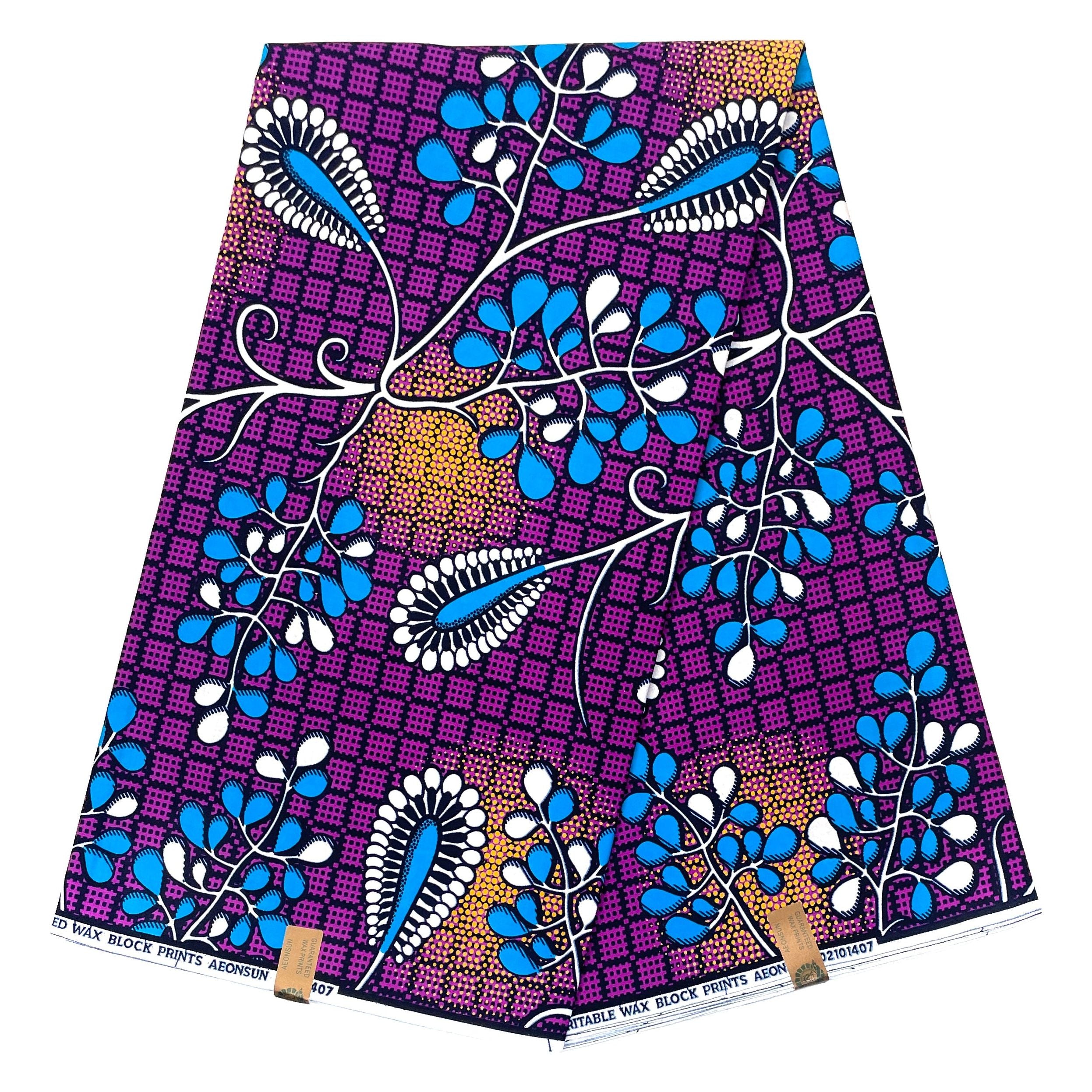 Wax Pagne Africain - Tissu 6 Yards 100% Coton - VIOLET / BLEU
