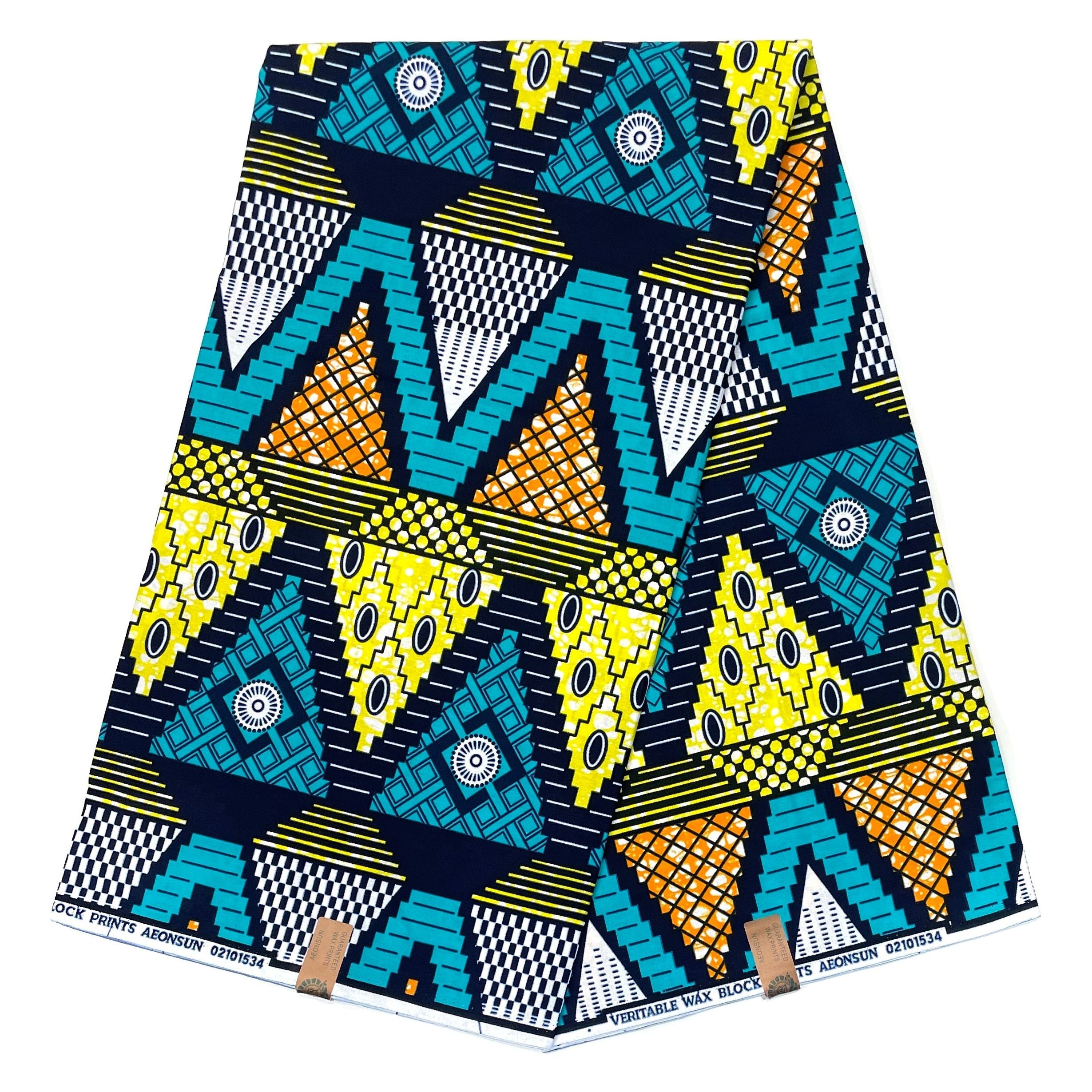 Wax Pagne Africain - Tissu 6 Yards 100% Coton - TURQUOISE / JAUNE