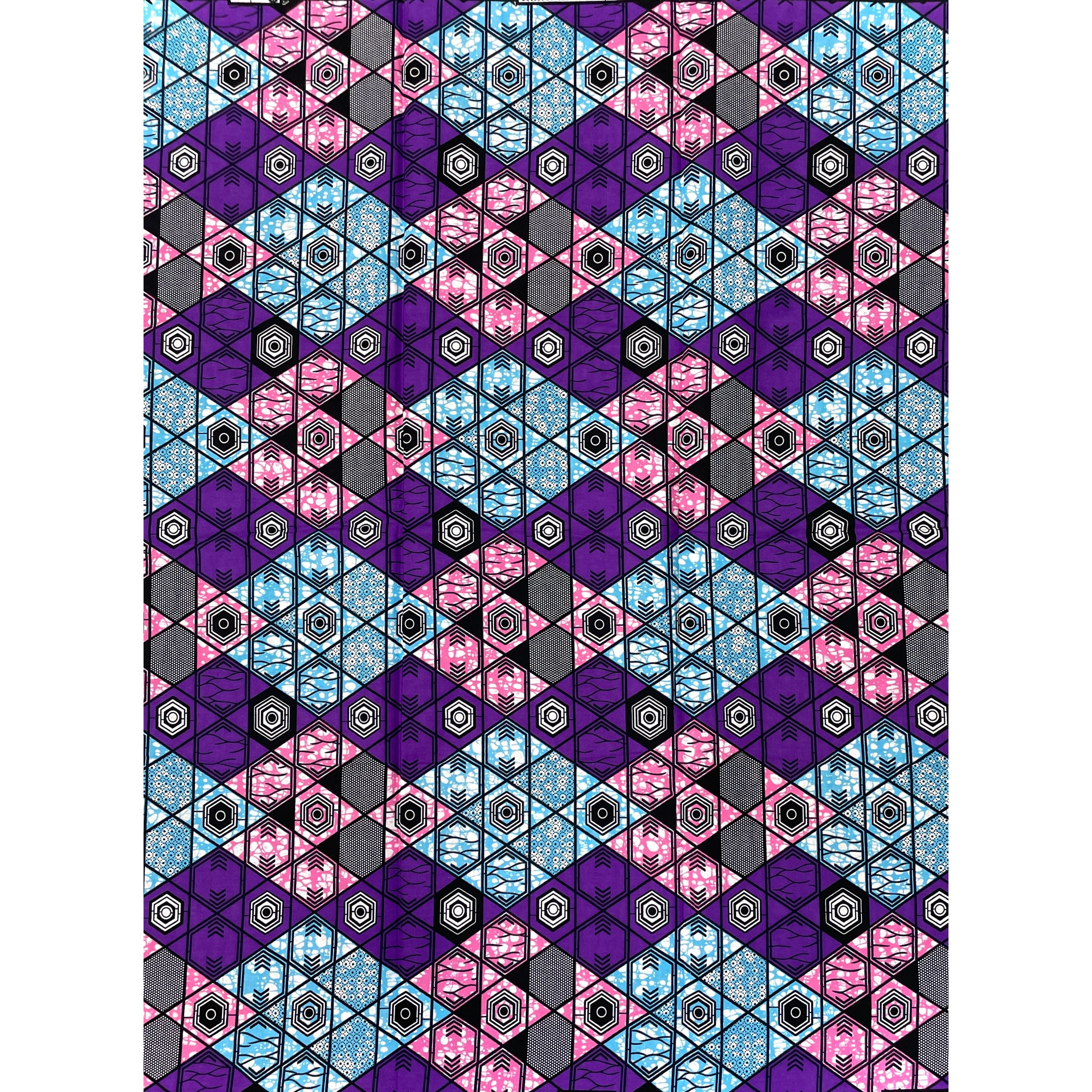 Wax Pagne Africain - Tissu 6 Yards 100% Coton - VIOLET / BLEU