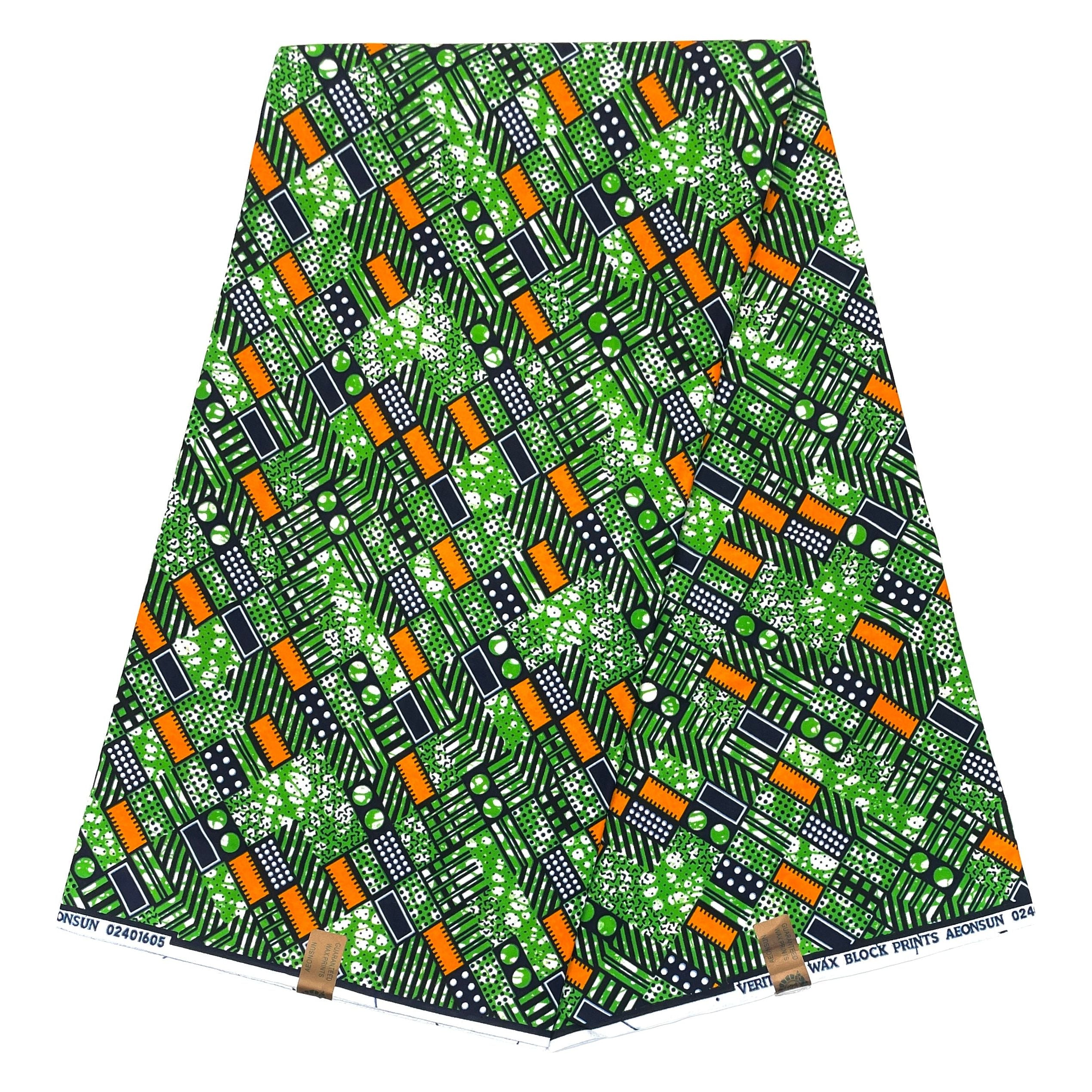 Wax Pagne Africain - Tissu 6 Yards 100% Coton - VERT / ORANGE