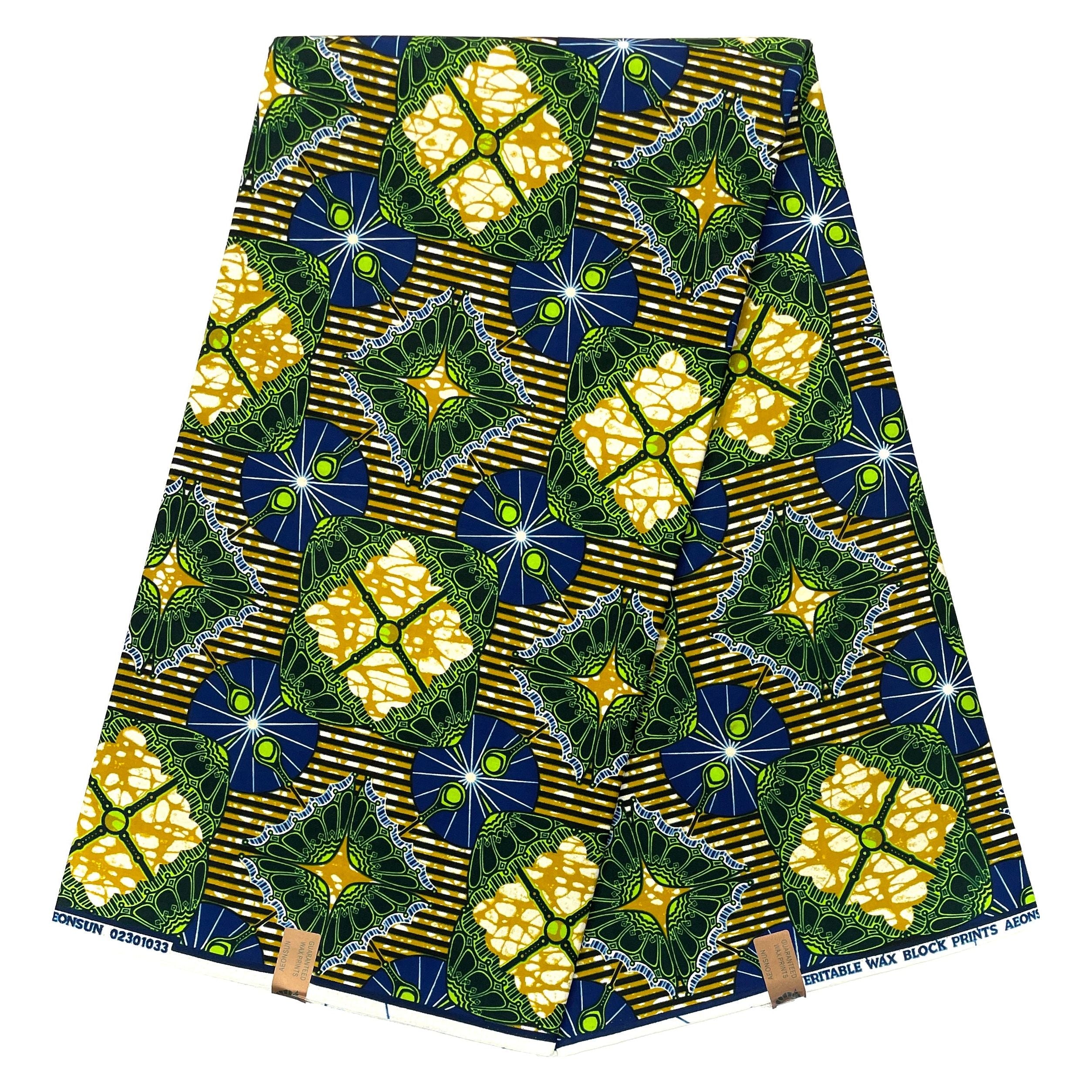 Wax Pagne Africain - Tissu 6 Yards 100% Coton - VERT / BLEU