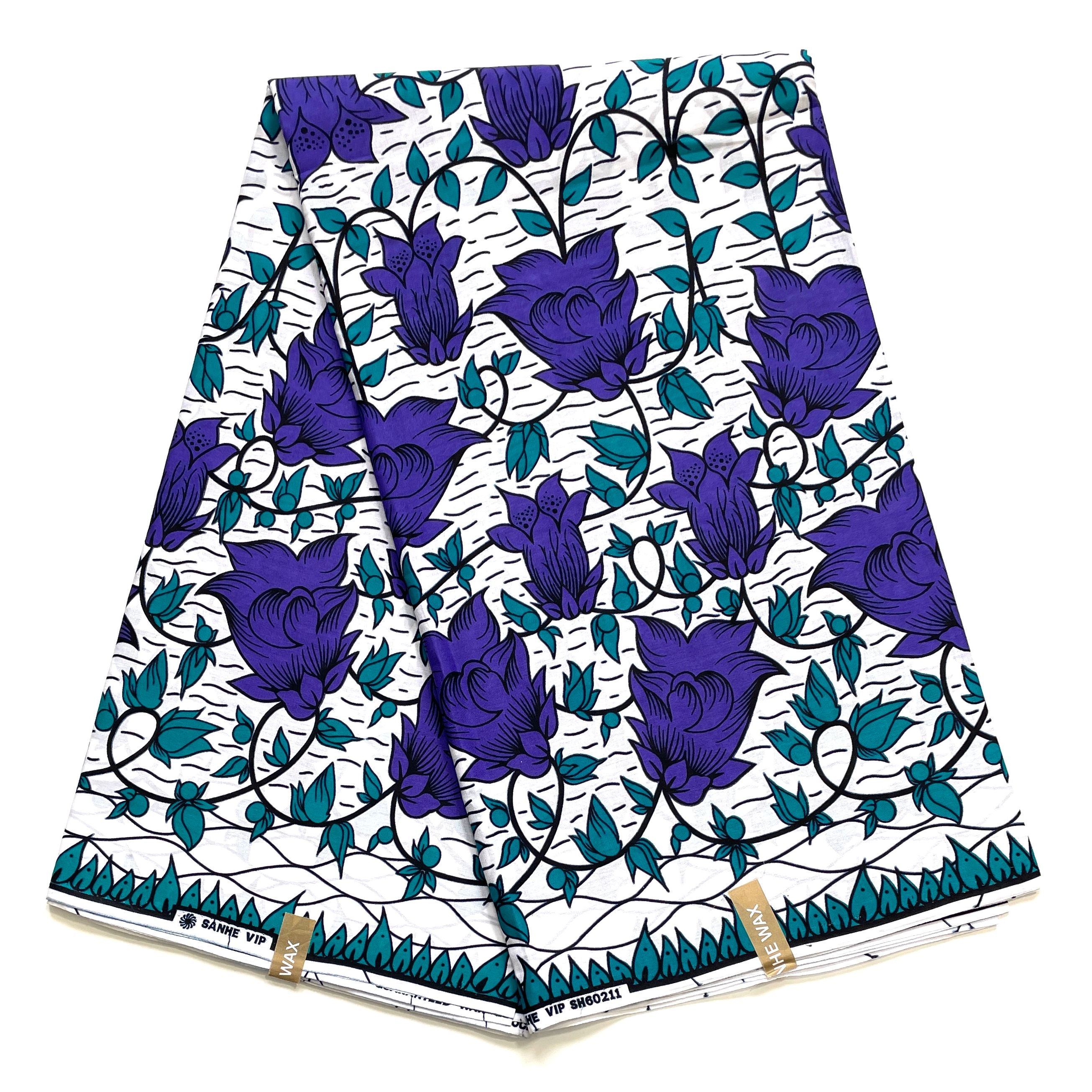 Wax Pagne Africain - Tissu 100% Coton - BLANC / VIOLET / BLEU