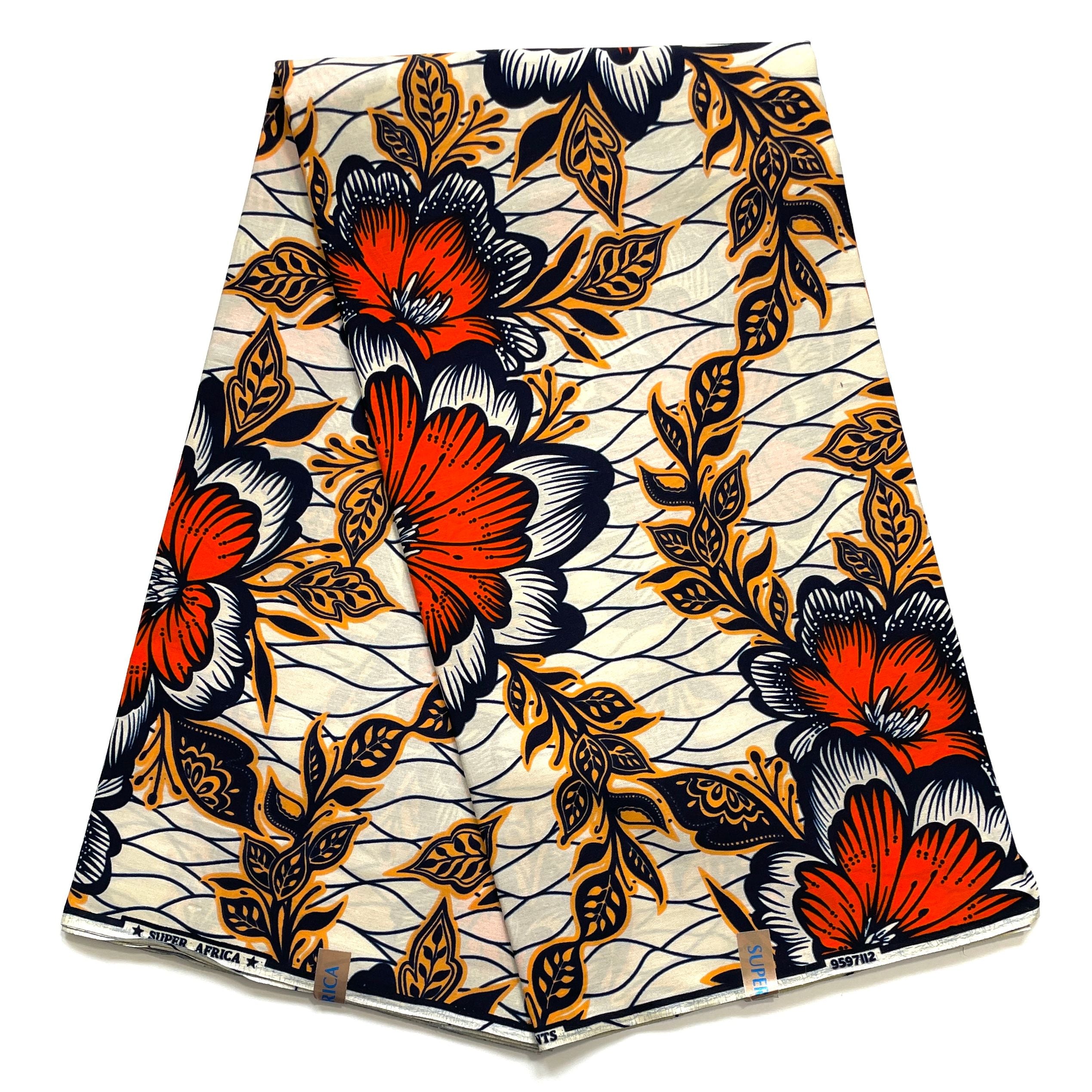 Wax Pagne Africain - Tissu 6 Yards 100% Coton - ORANGE / BEIGE