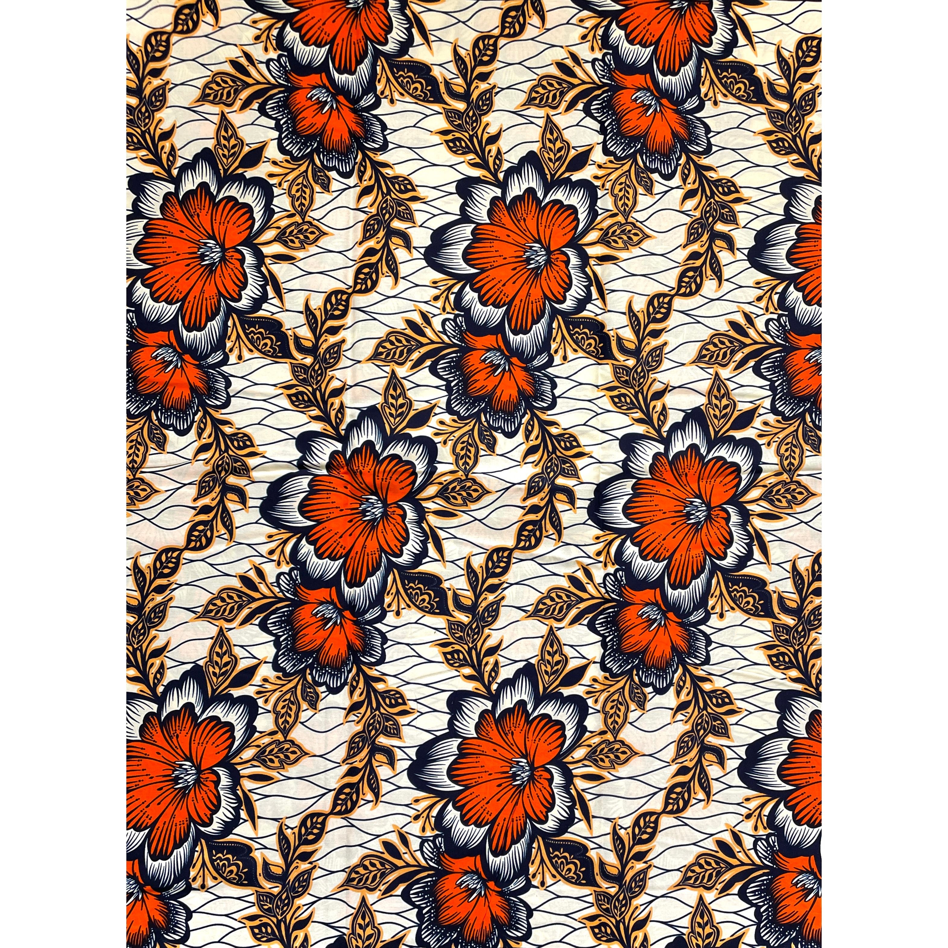 Wax Pagne Africain - Tissu 6 Yards 100% Coton - ORANGE / BEIGE