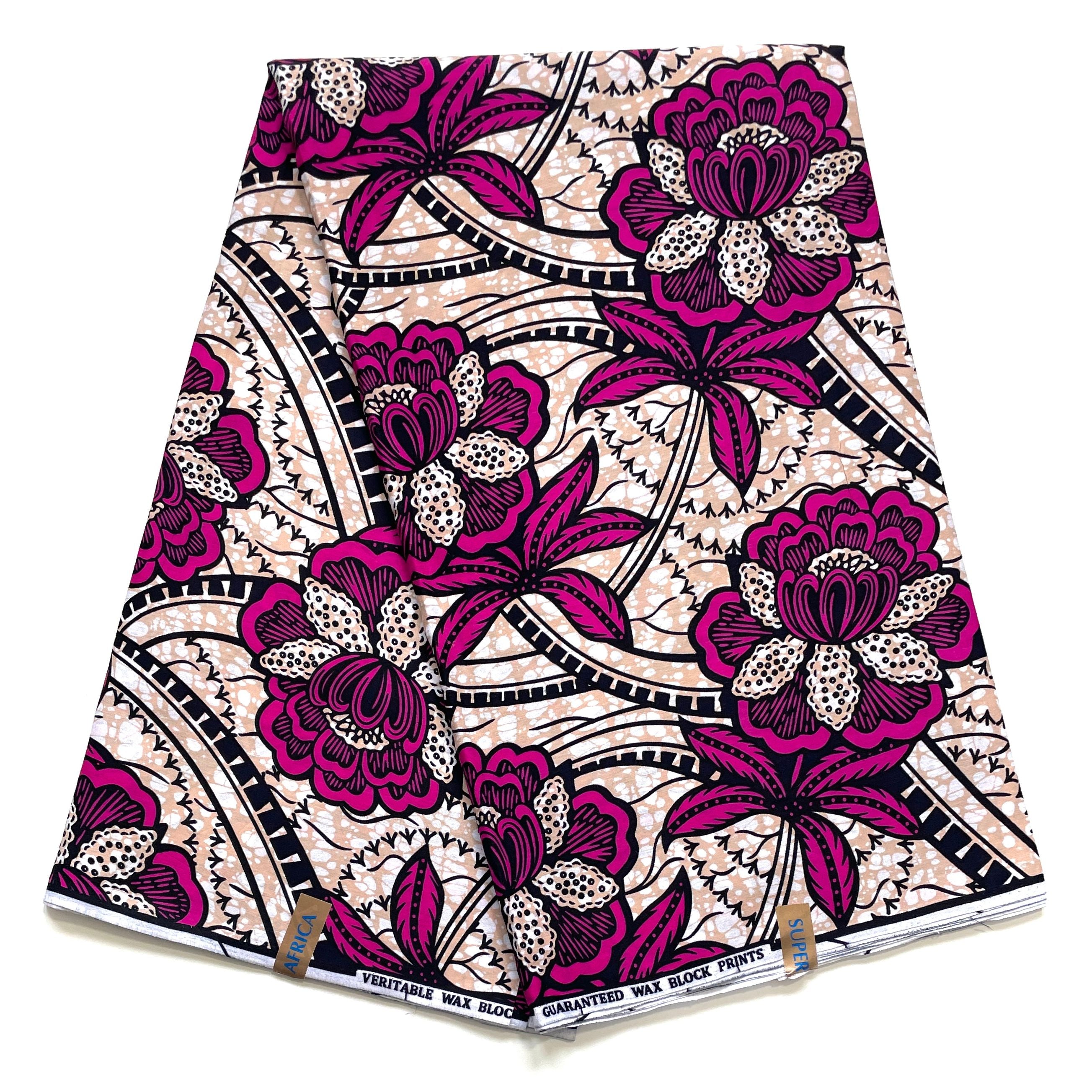 Wax Pagne Africain - Tissu 6 Yards 100% Coton - ROSE / BEIGE / NOIR