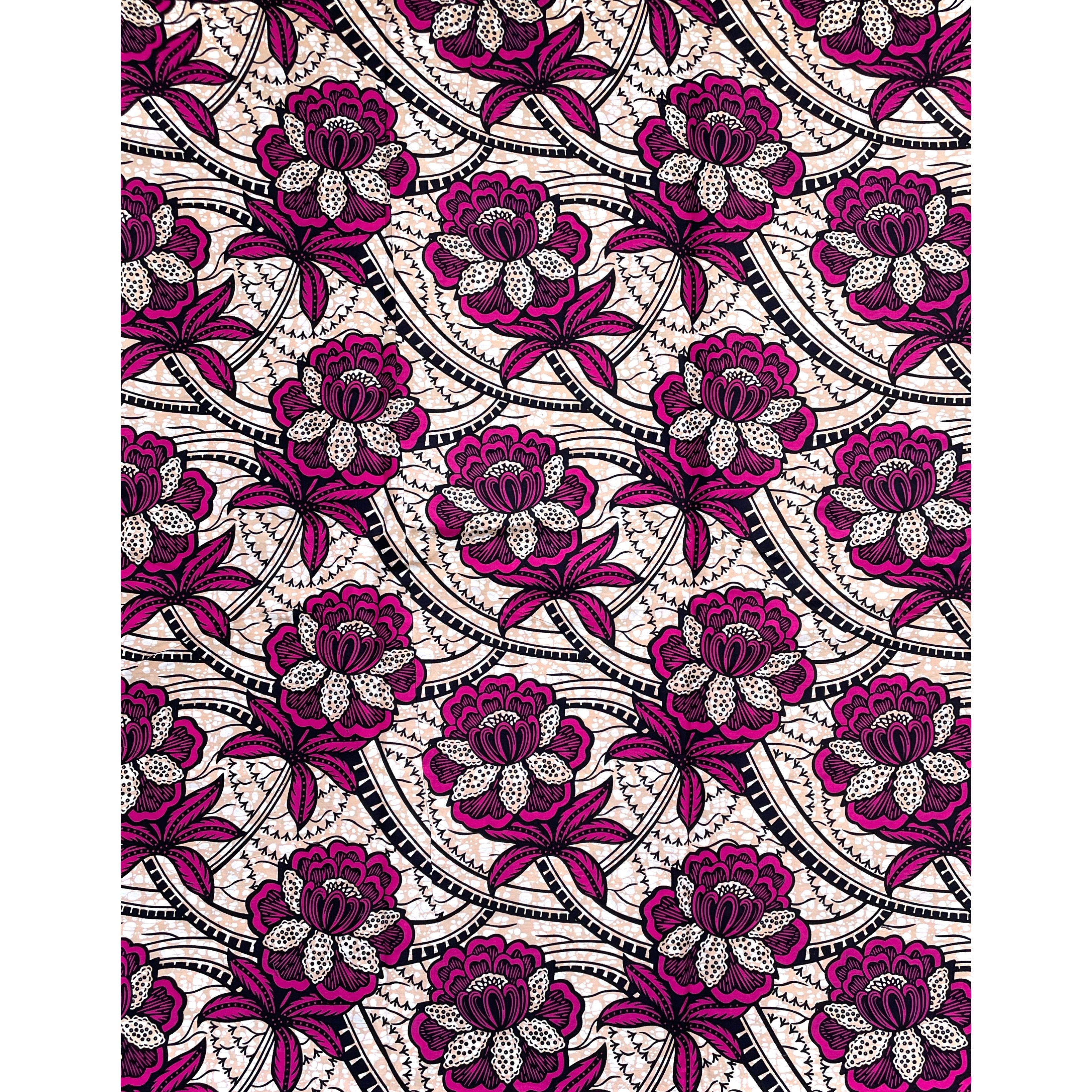 Wax Pagne Africain - Tissu 6 Yards 100% Coton - ROSE / BEIGE / NOIR