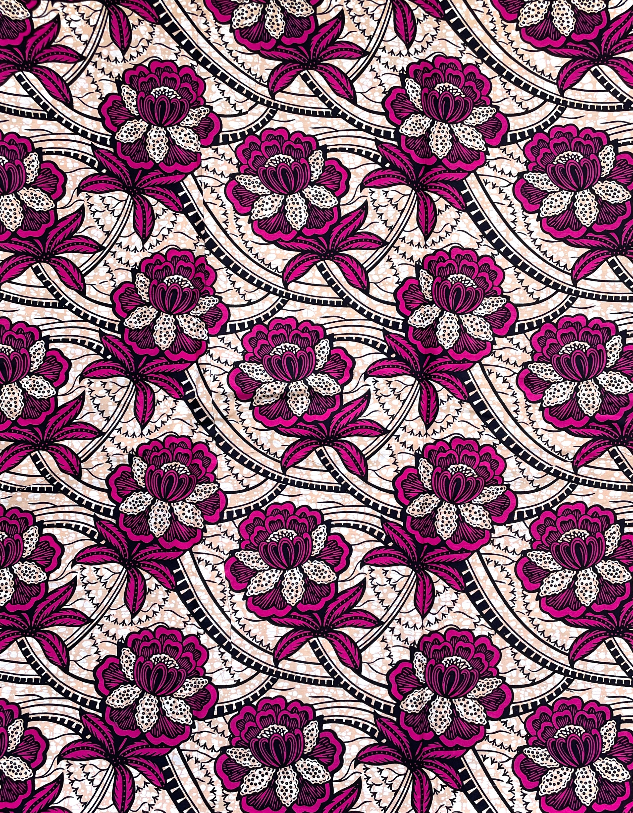 Wax Tissu Coupon 2 Yards - Pagne Africain 100% Coton - ROSE / BEIGE / NOIR