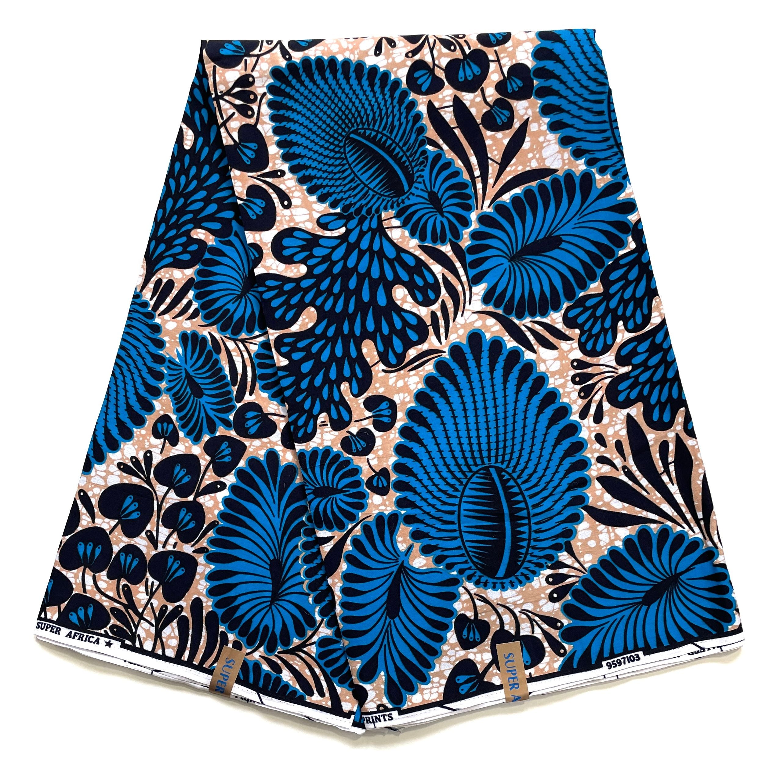 Wax Pagne Africain - Tissu 6 Yards 100% Coton - BLEU / MARRON CLAIR
