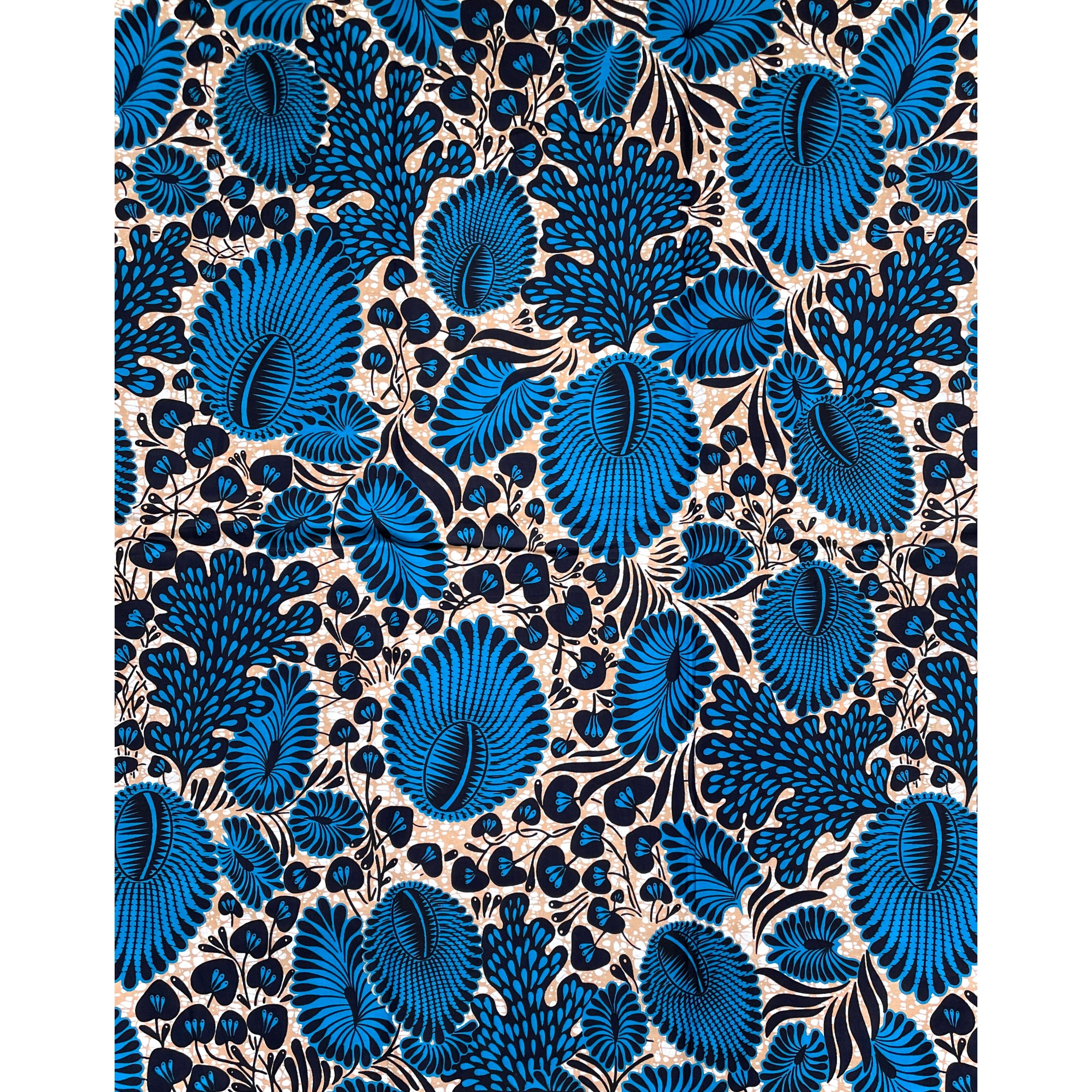 Wax Pagne Africain - Tissu 6 Yards 100% Coton - BLEU / MARRON CLAIR