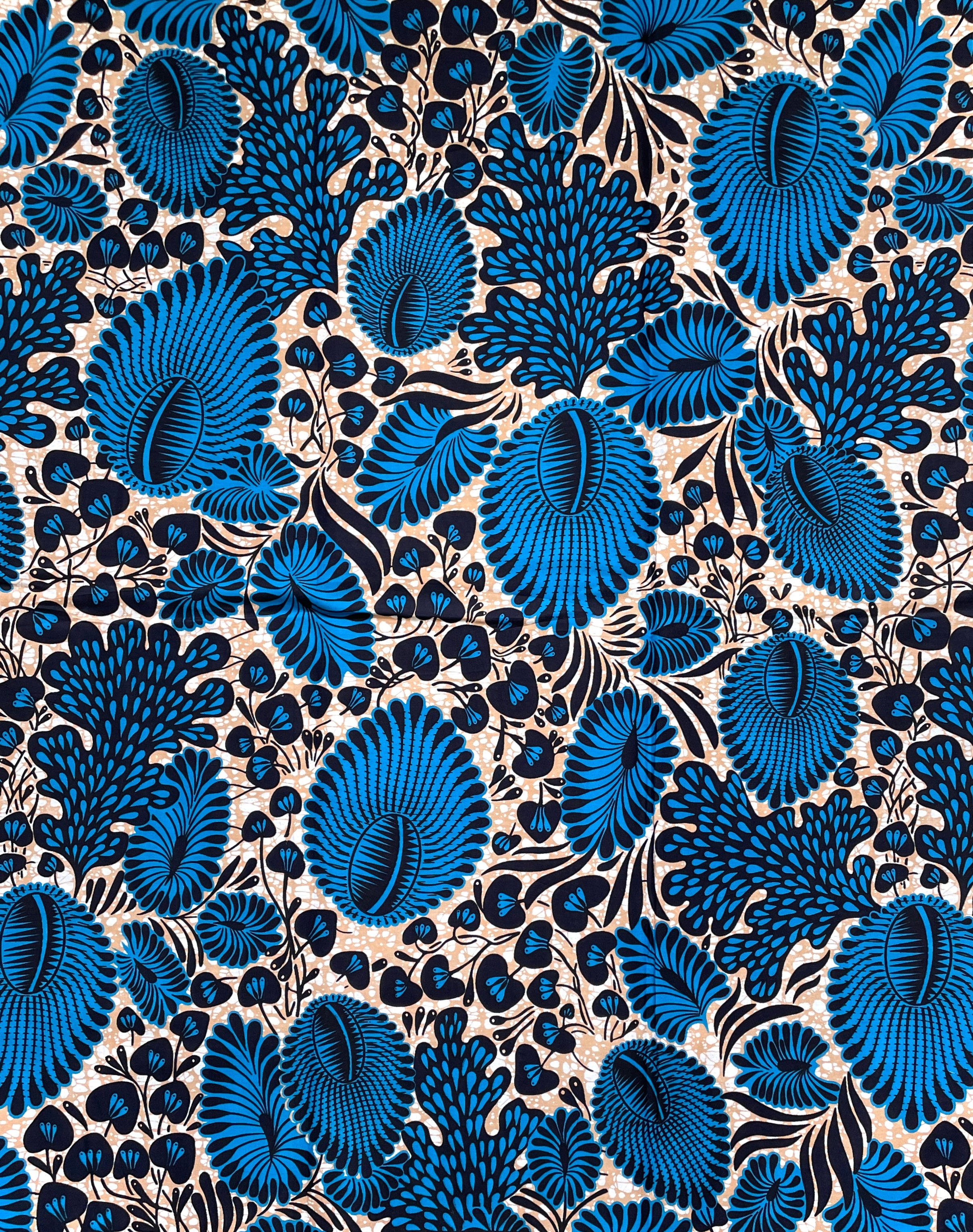 Wax Tissu Coupon 2 Yards - Pagne Africain 100% Coton - BLEU / MARRON CLAIR