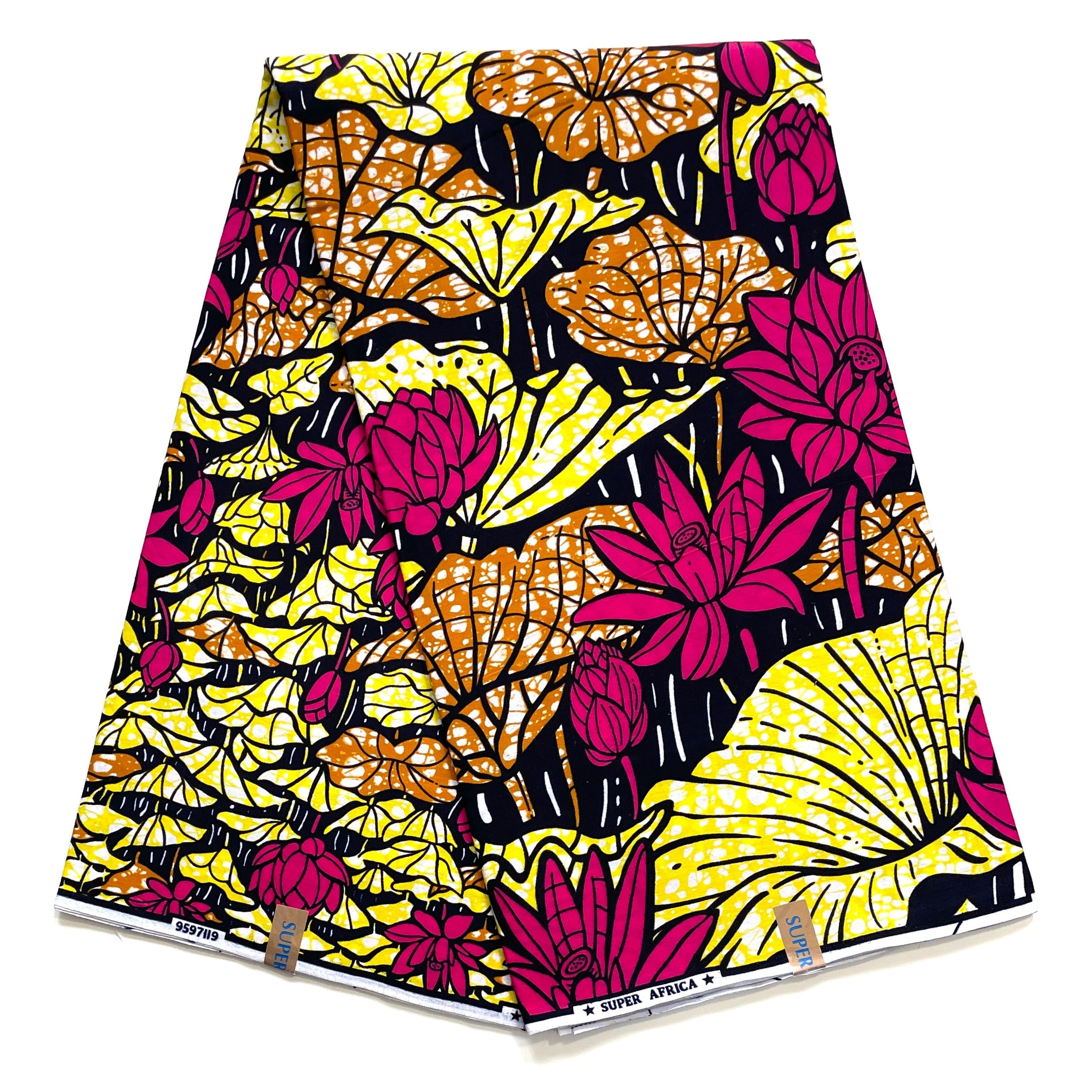 Wax Pagne Africain - Tissu 6 Yards 100% Coton - ROSE / JAUNE / MARRON