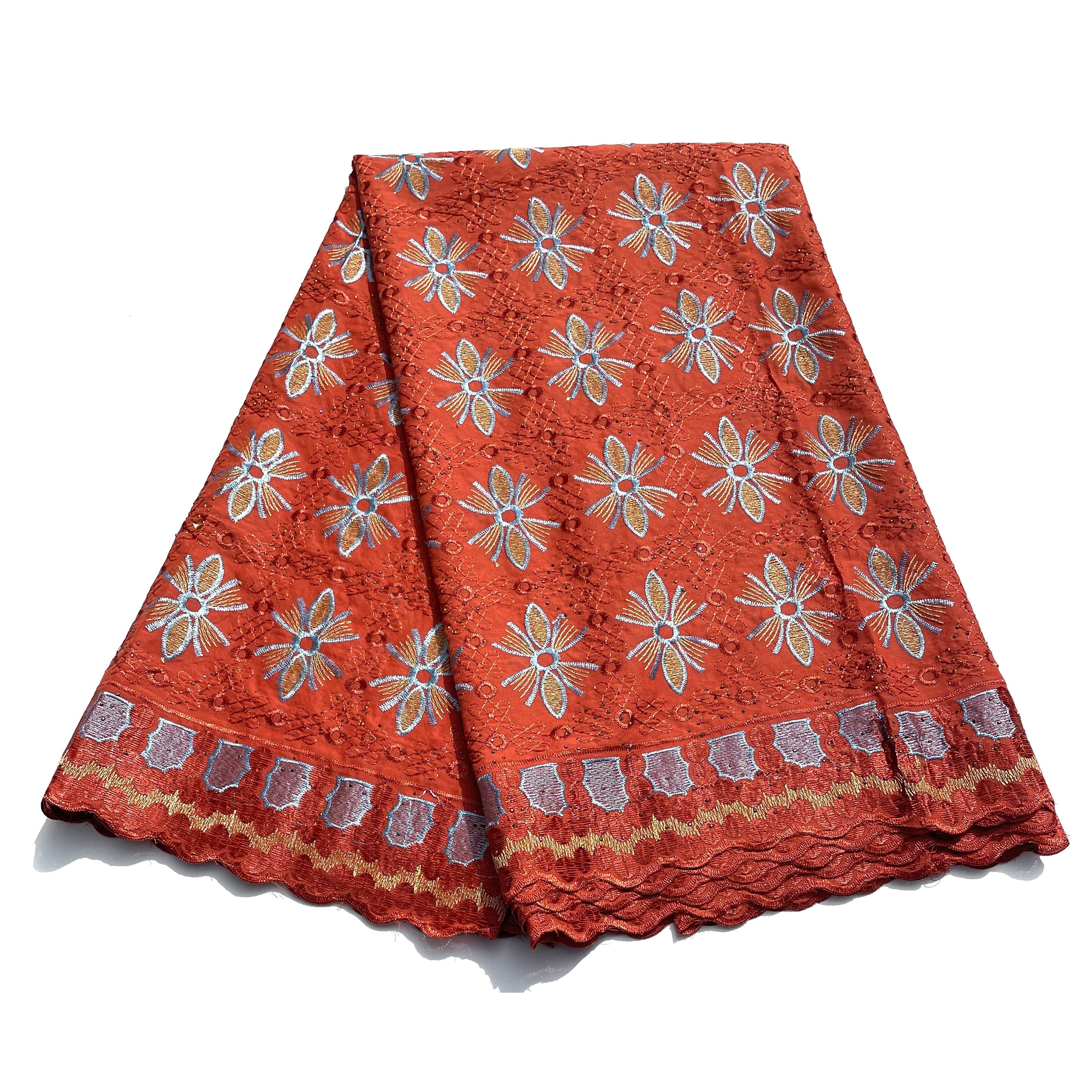 Brodé Broderie type SWISS LACE -  Tissu African 5 Yards - MARRON  ORANGÉ / BLEU CIEL