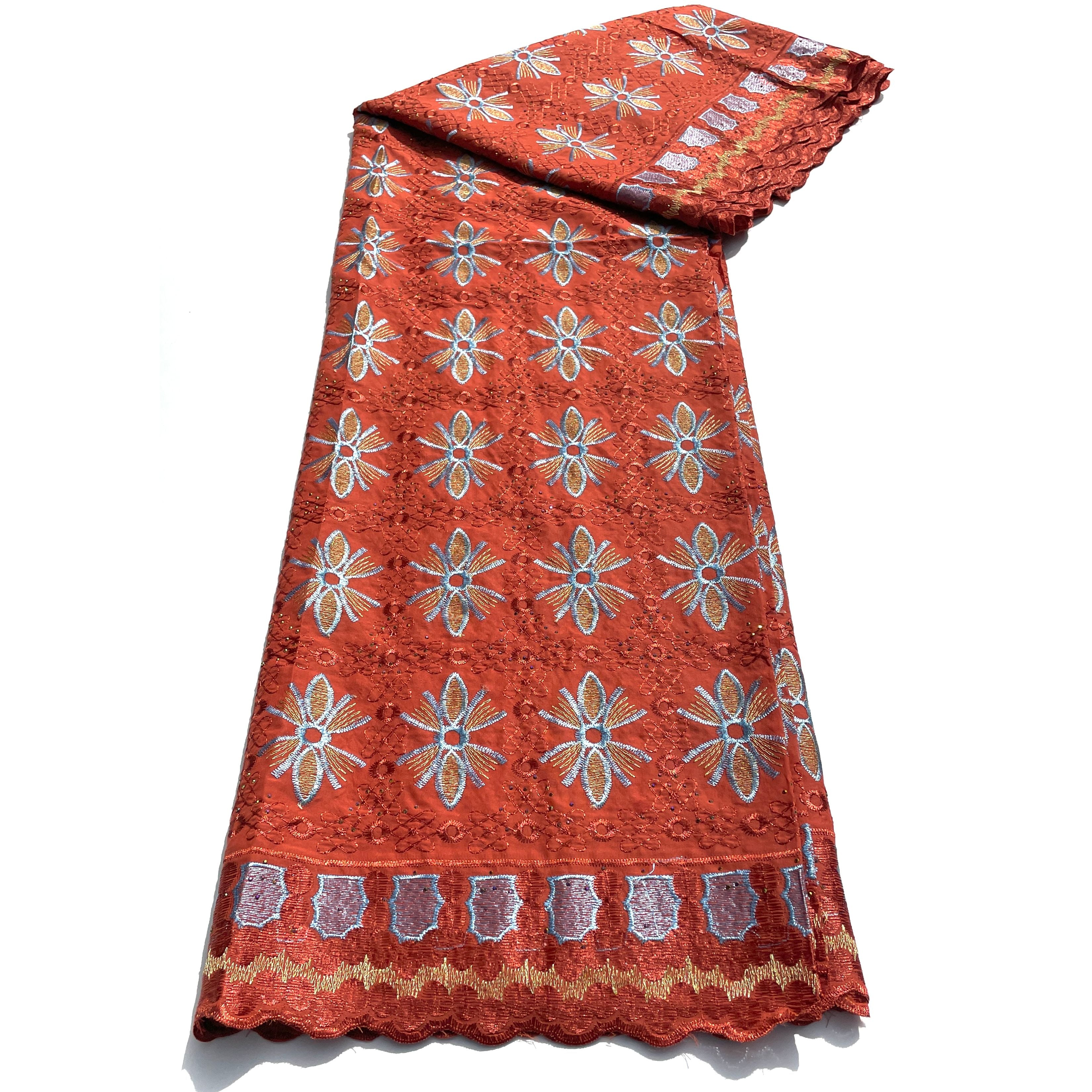 Brodé Broderie type SWISS LACE -  Tissu African 5 Yards - MARRON  ORANGÉ / BLEU CIEL