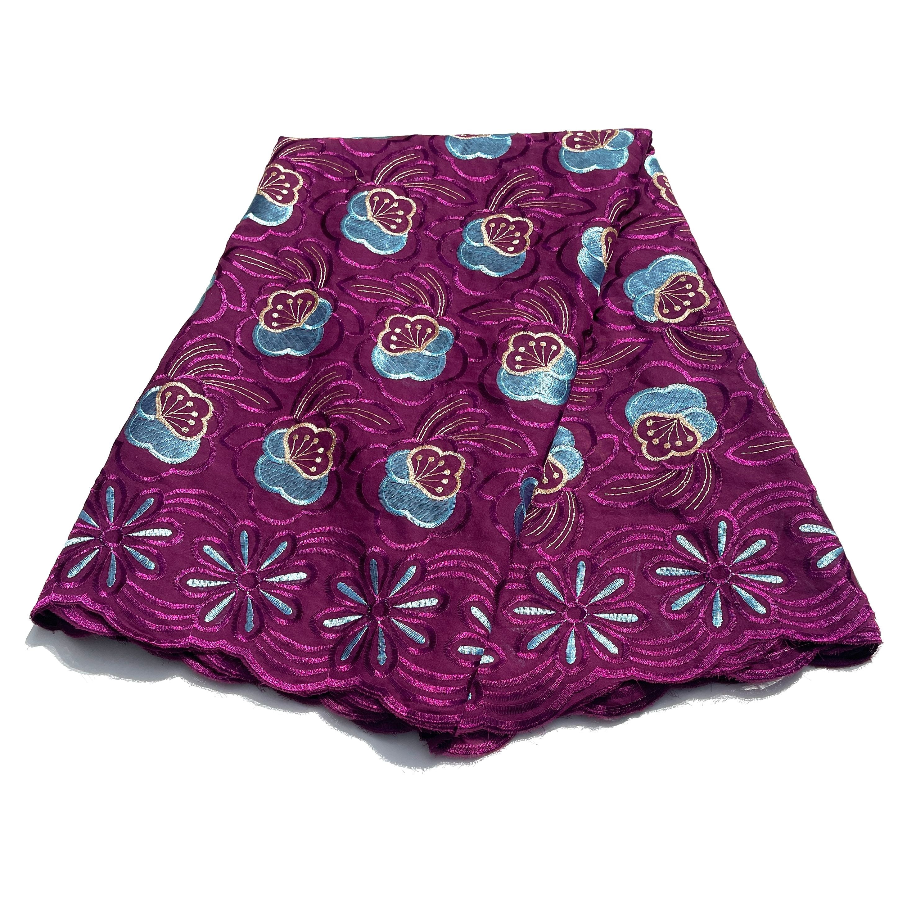 Brodé Broderie type SWISS LACE -  Tissu African 5 Yards - VIOLET / BLEU CIEL
