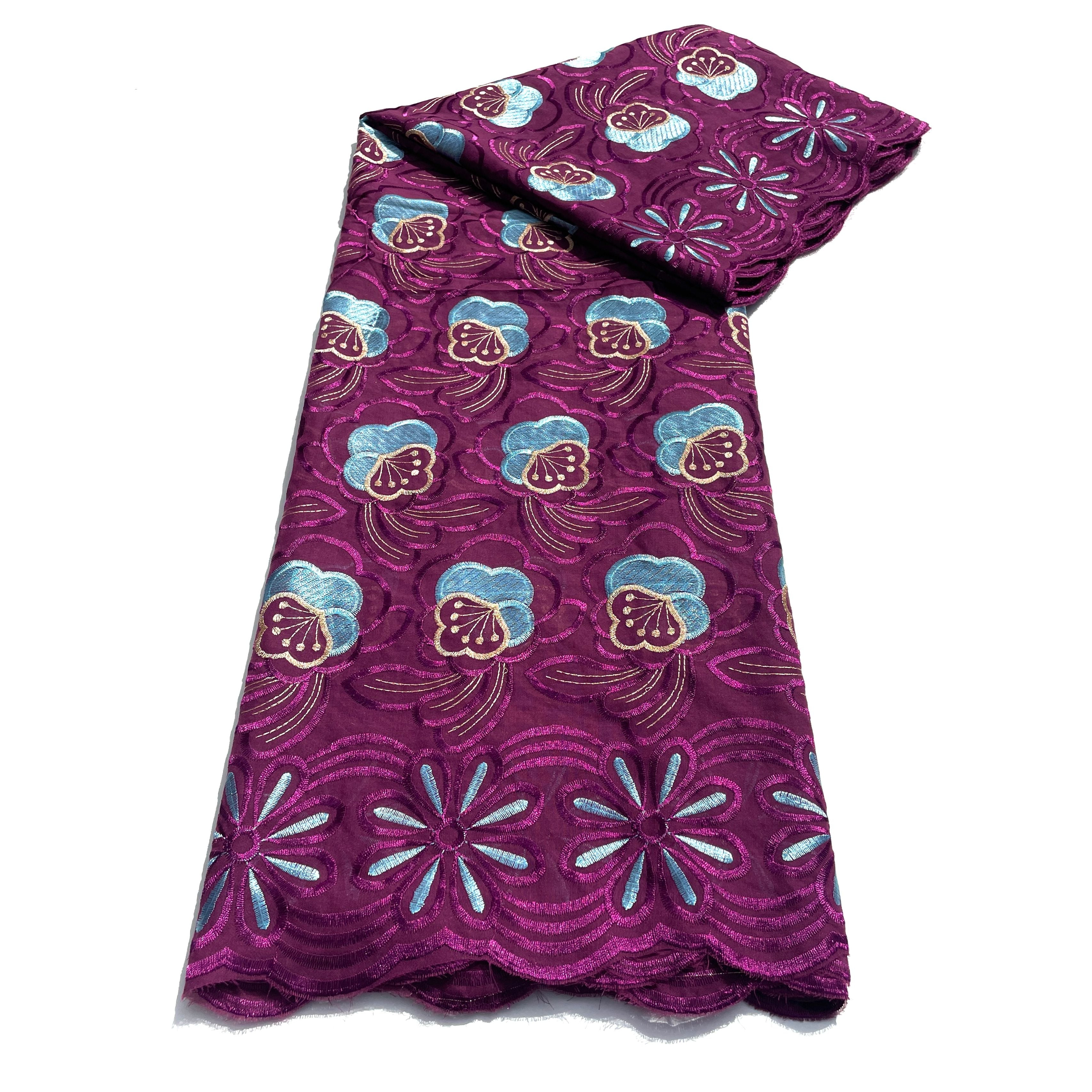 Brodé Broderie type SWISS LACE -  Tissu African 5 Yards - VIOLET / BLEU CIEL