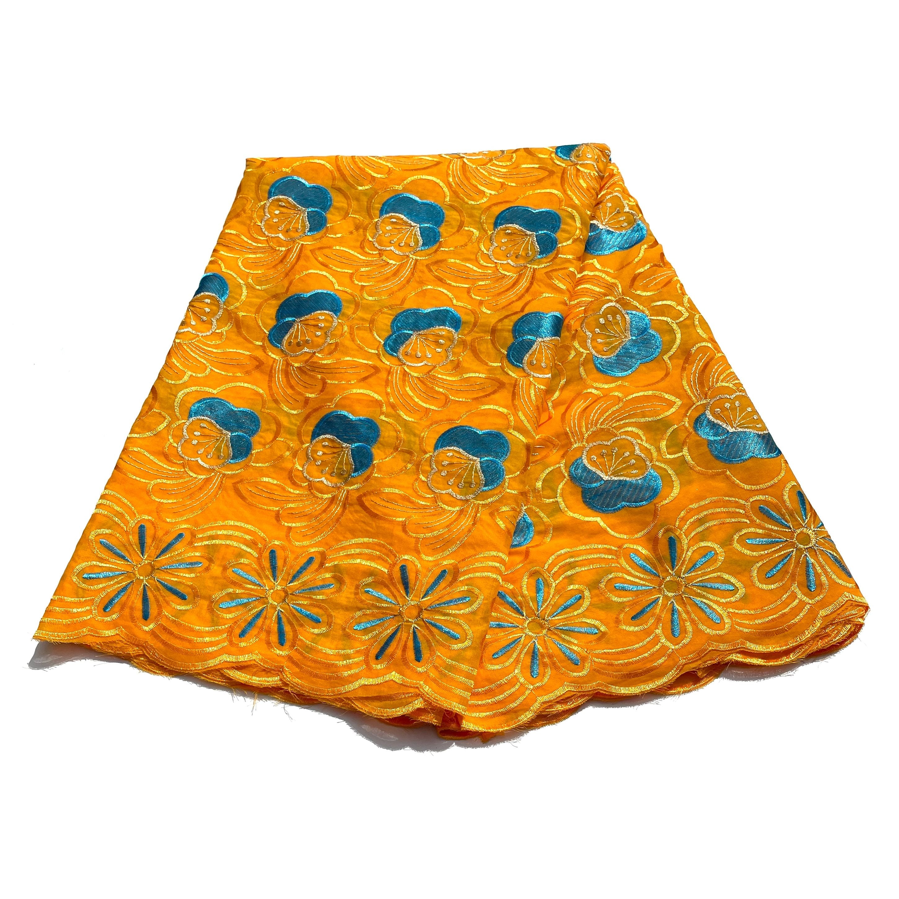 Brodé Broderie type SWISS LACE -  Tissu African 5 Yards - ORANGE / BLEU CIEL