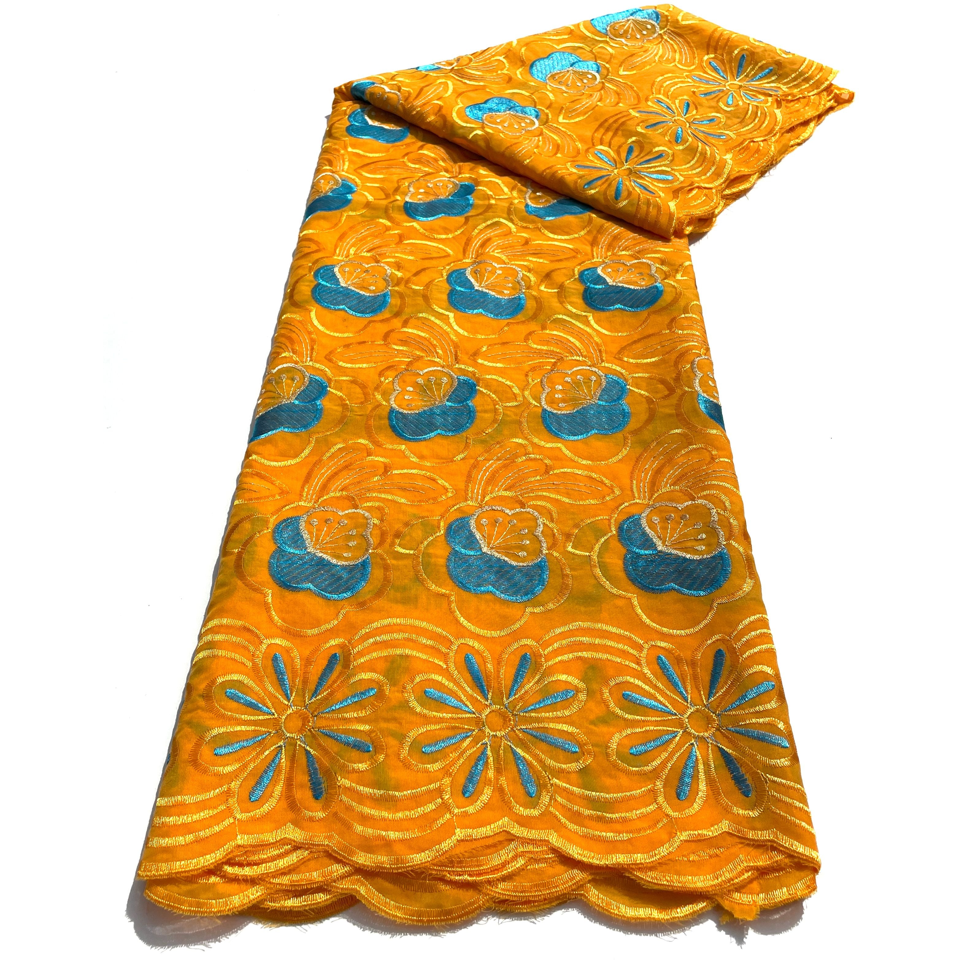 Brodé Broderie type SWISS LACE -  Tissu African 5 Yards - ORANGE / BLEU CIEL
