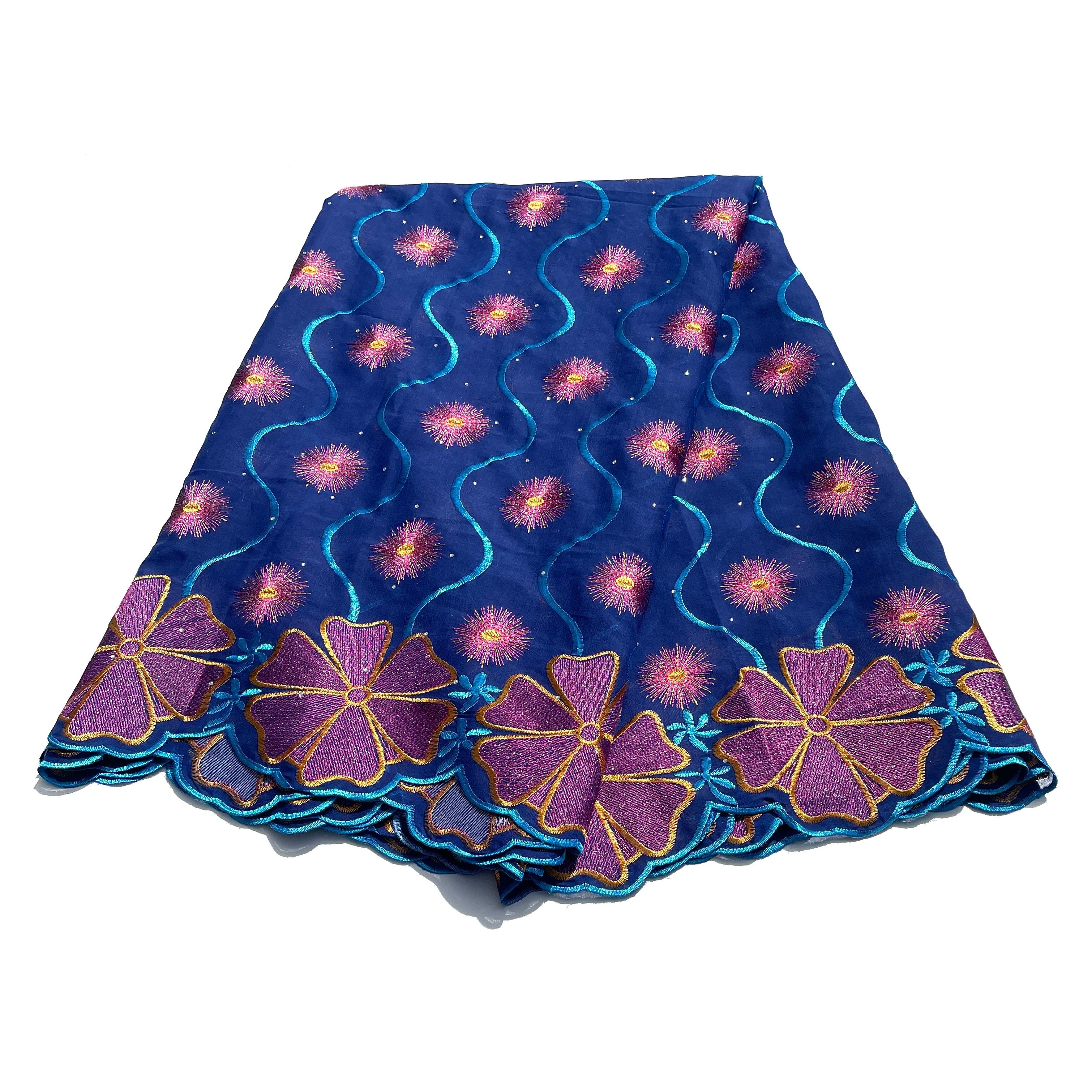 Brodé Broderie type SWISS LACE -  Tissu African 5 Yards - BLEU / ROSE