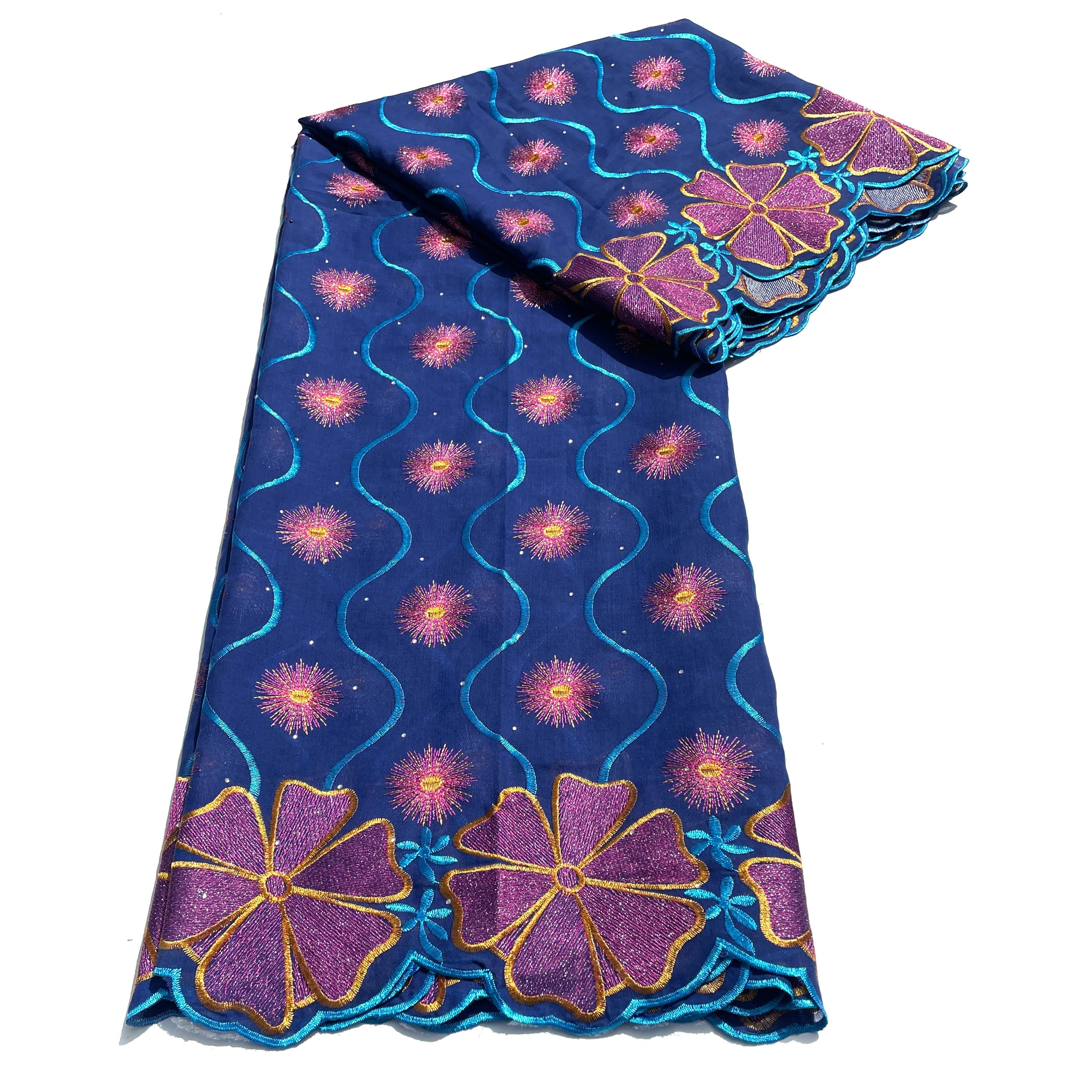 Brodé Broderie type SWISS LACE -  Tissu African 5 Yards - BLEU / ROSE