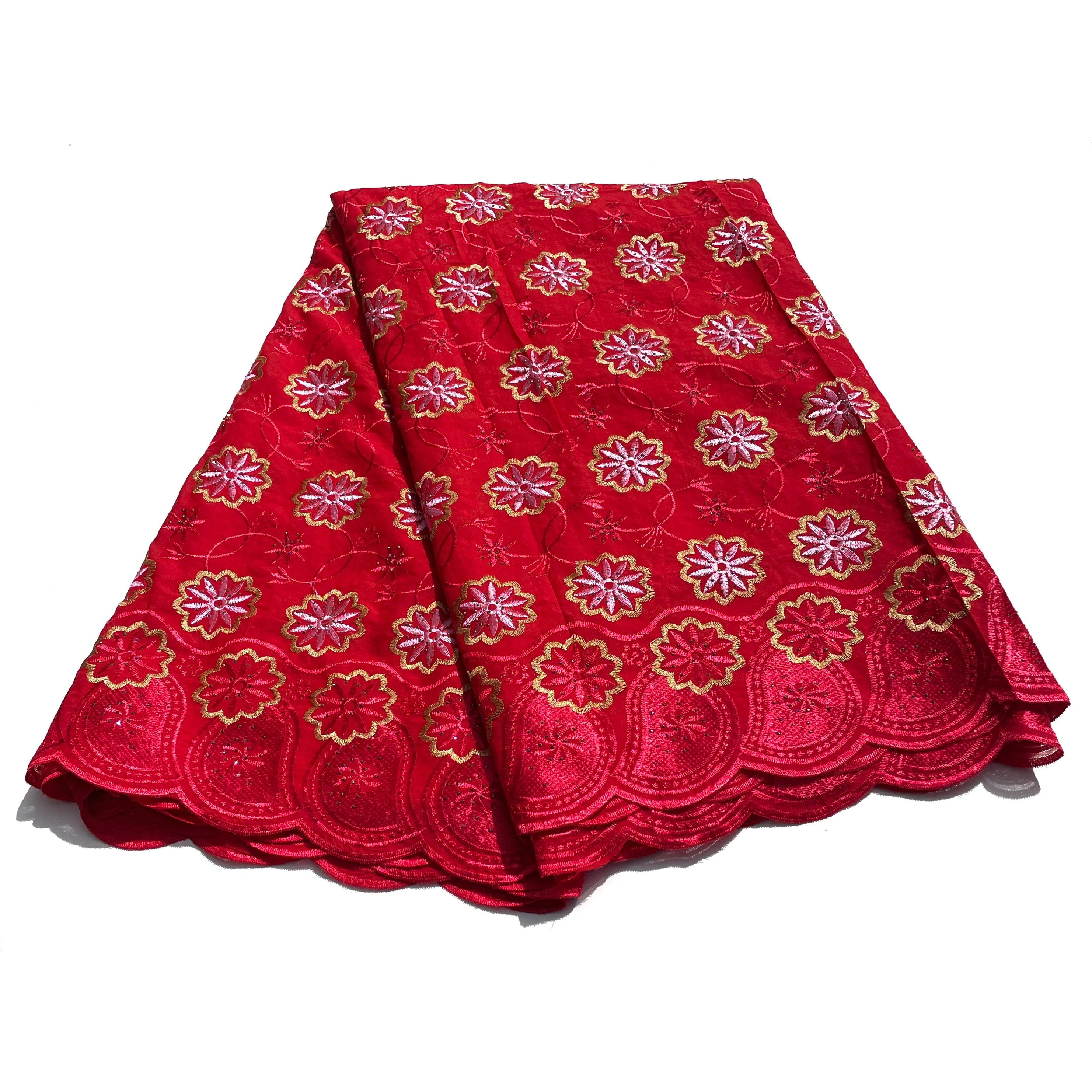 Brodé Broderie type SWISS LACE -  Tissu African 5 Yards - ROUGE / BEIGE