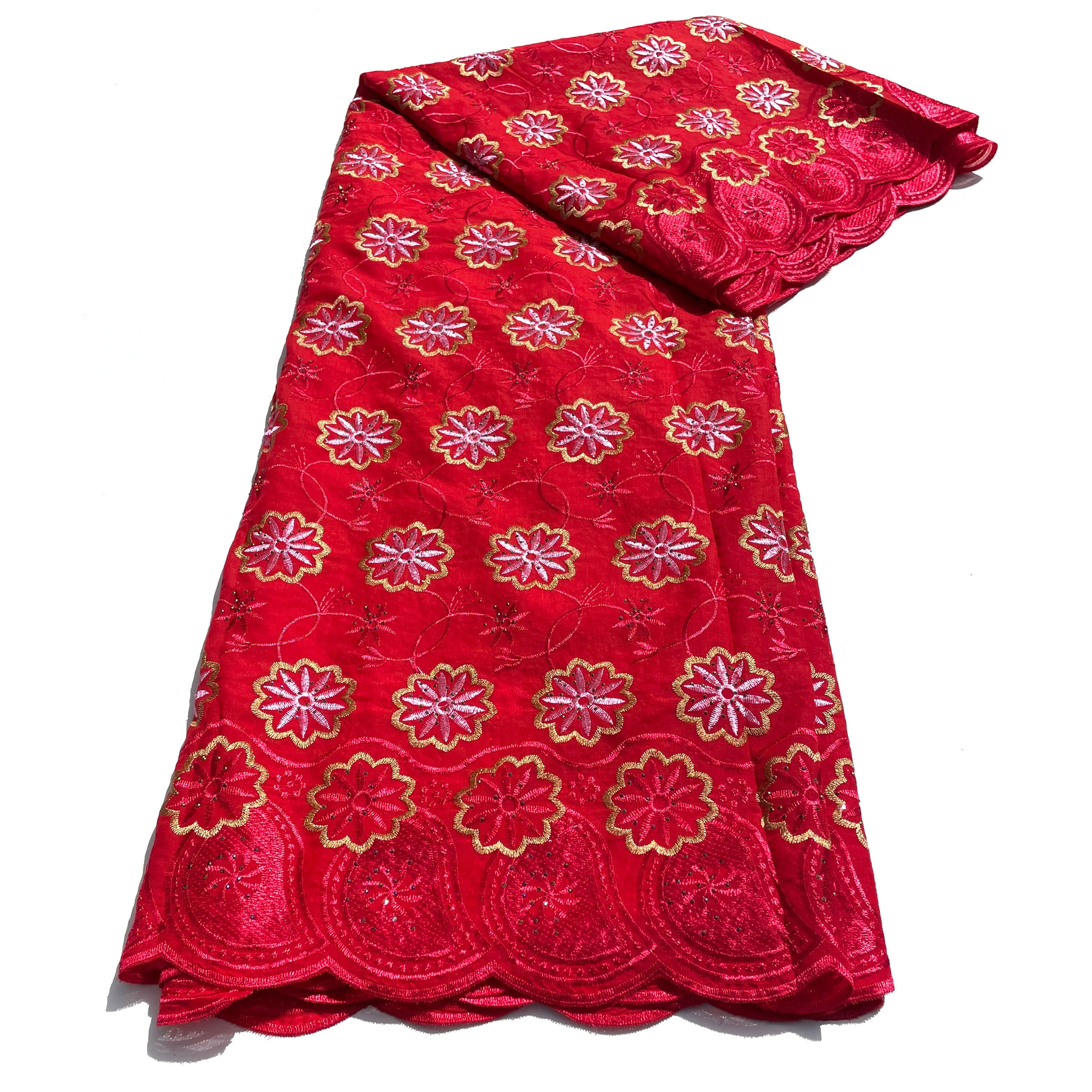 Brodé Broderie type SWISS LACE -  Tissu African 5 Yards - ROUGE / BEIGE