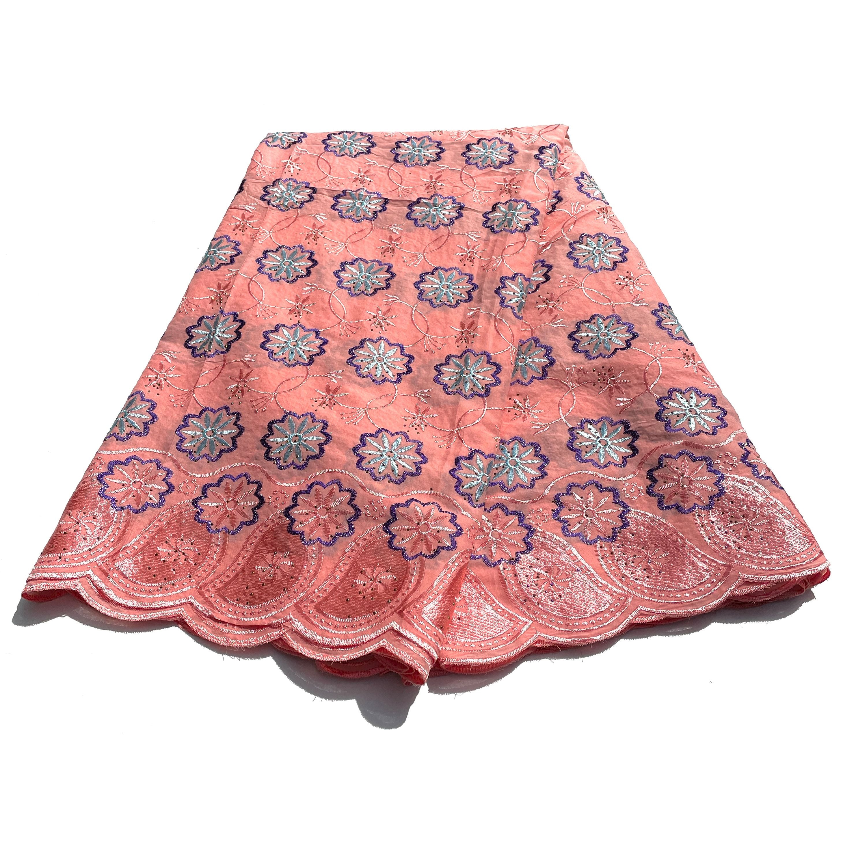 Brodé Broderie type SWISS LACE -  Tissu African 5 Yards - SAUMON / BLEU CIEL