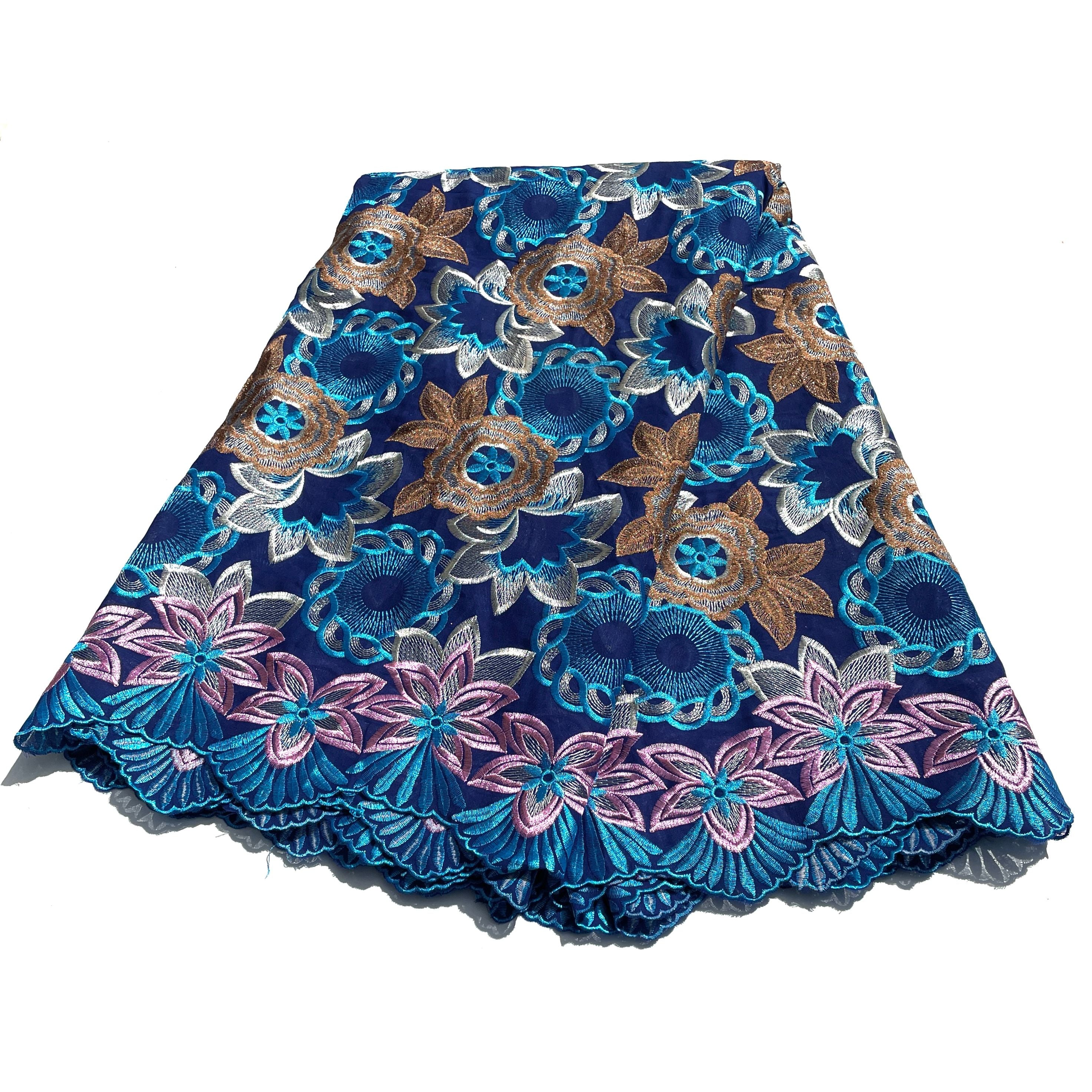 Brodé Broderie type SWISS LACE - Tissu African 5 Yards - BLEU / ROSE / MARRON