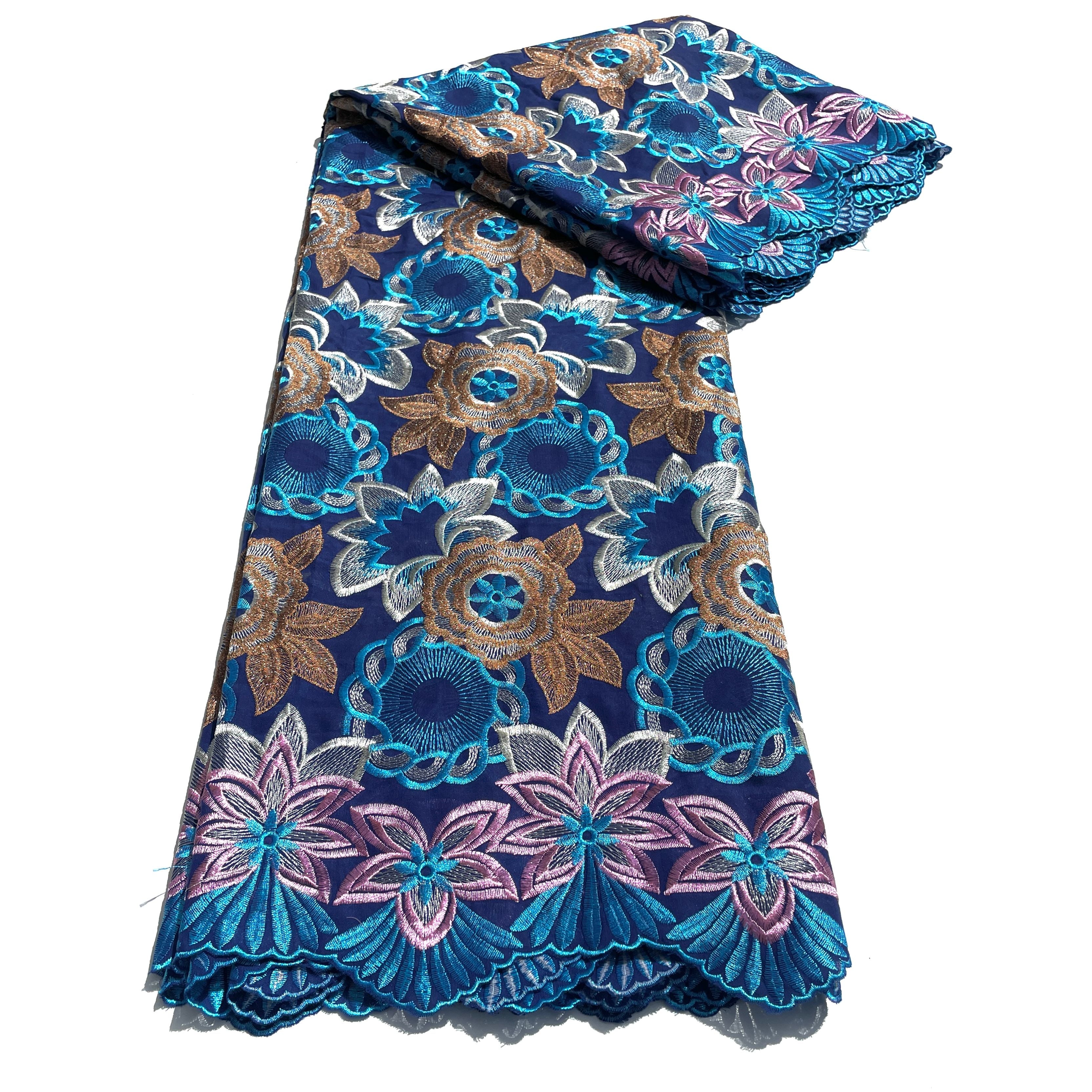 Brodé Broderie type SWISS LACE - Tissu African 5 Yards - BLEU / ROSE / MARRON