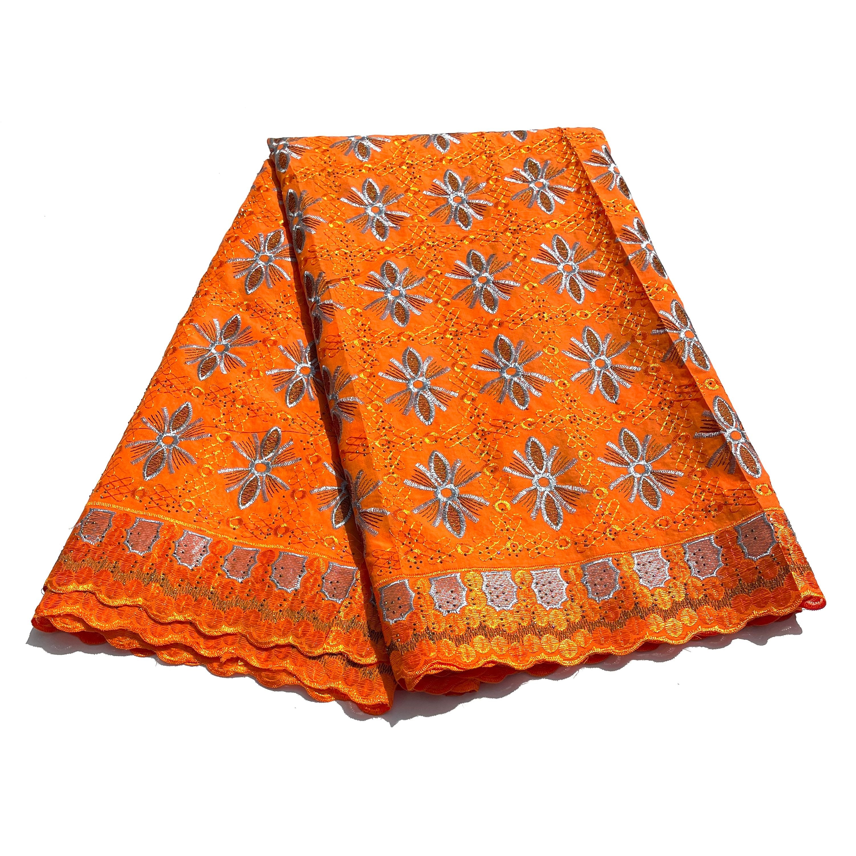 Brodé Broderie type SWISS LACE -  Tissu African 5 Yards - ORANGE / GRIS CLAIR