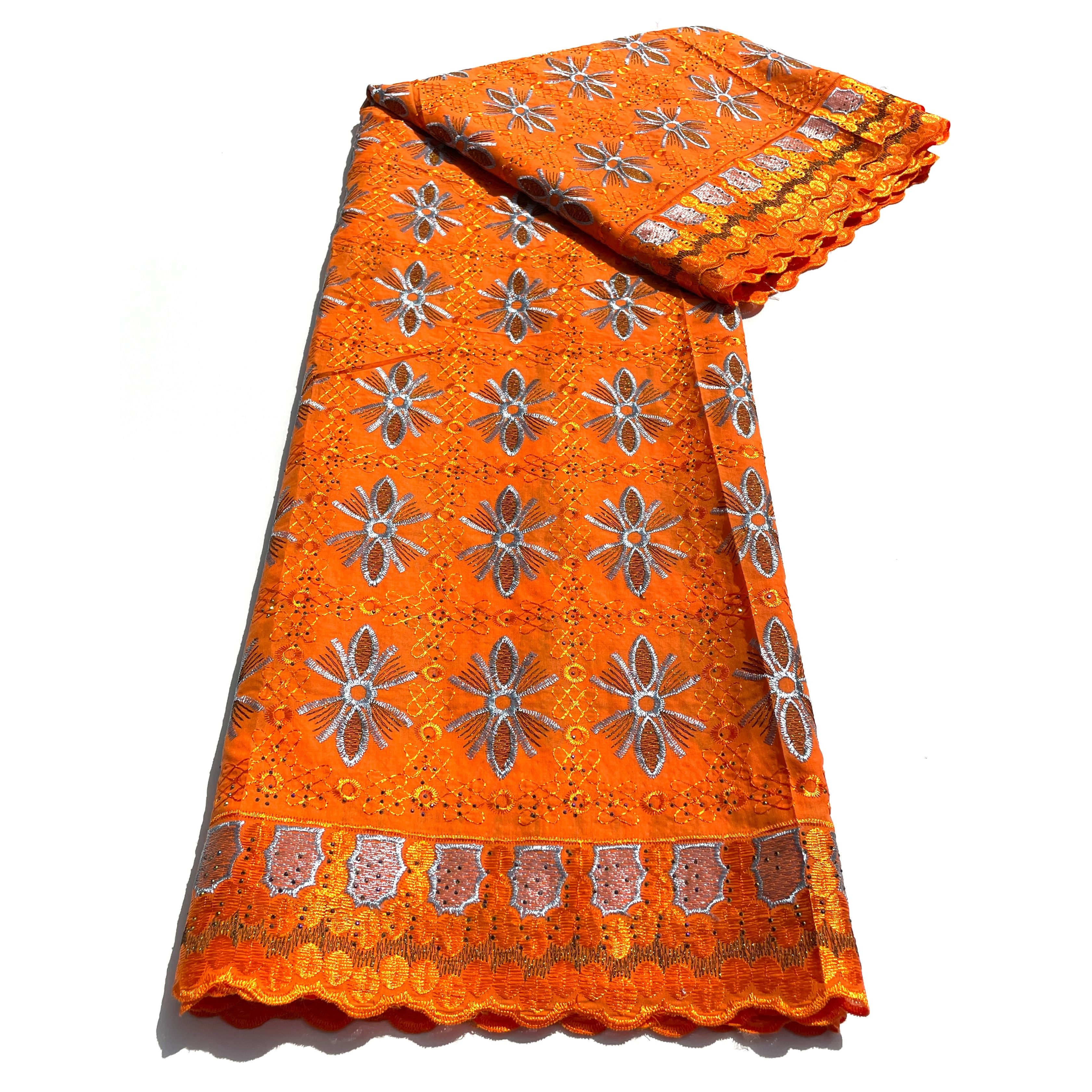 Brodé Broderie type SWISS LACE -  Tissu African 5 Yards - ORANGE / GRIS CLAIR