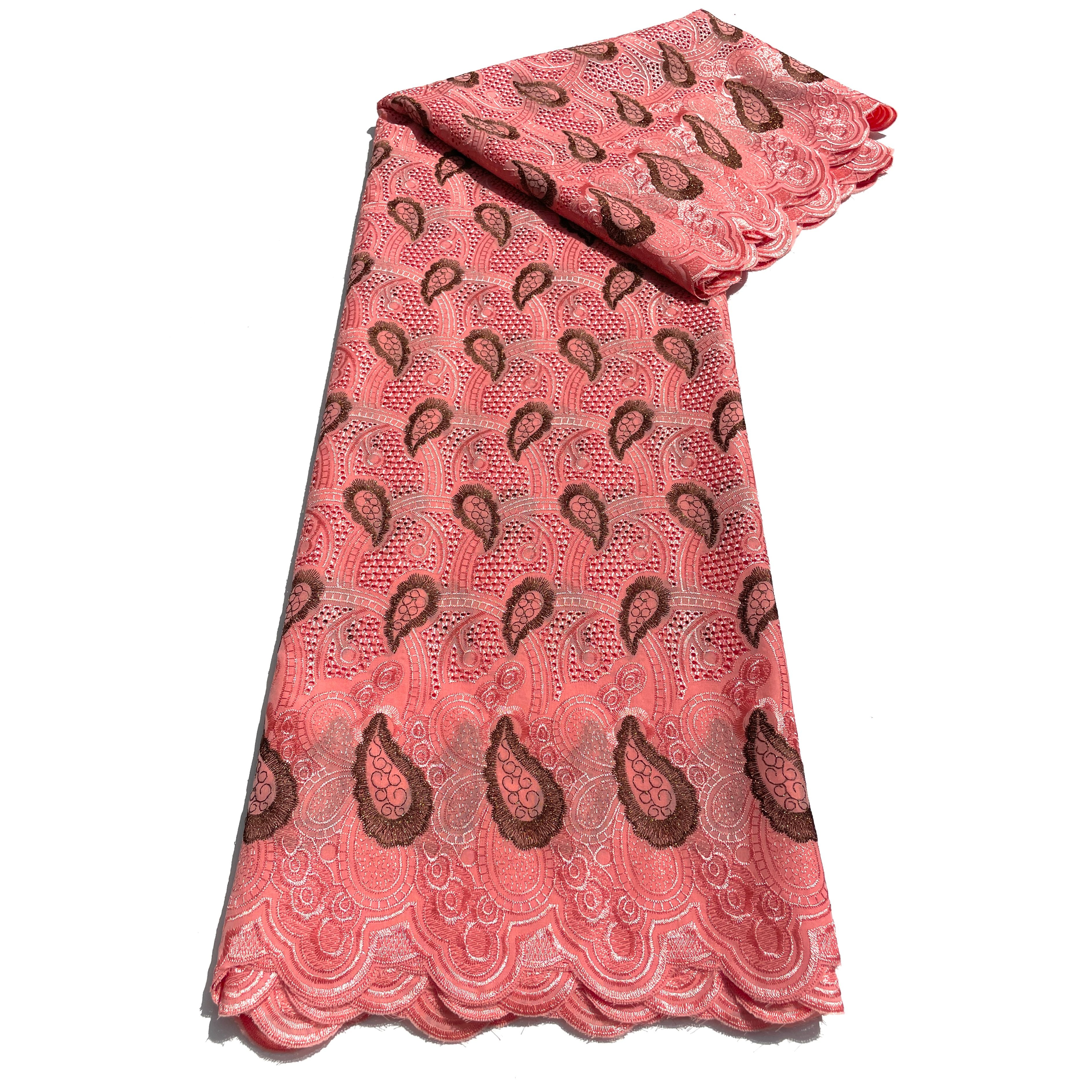 Brodé Broderie type SWISS LACE - Tissu African 5 Yards - SAUMON / MARRON