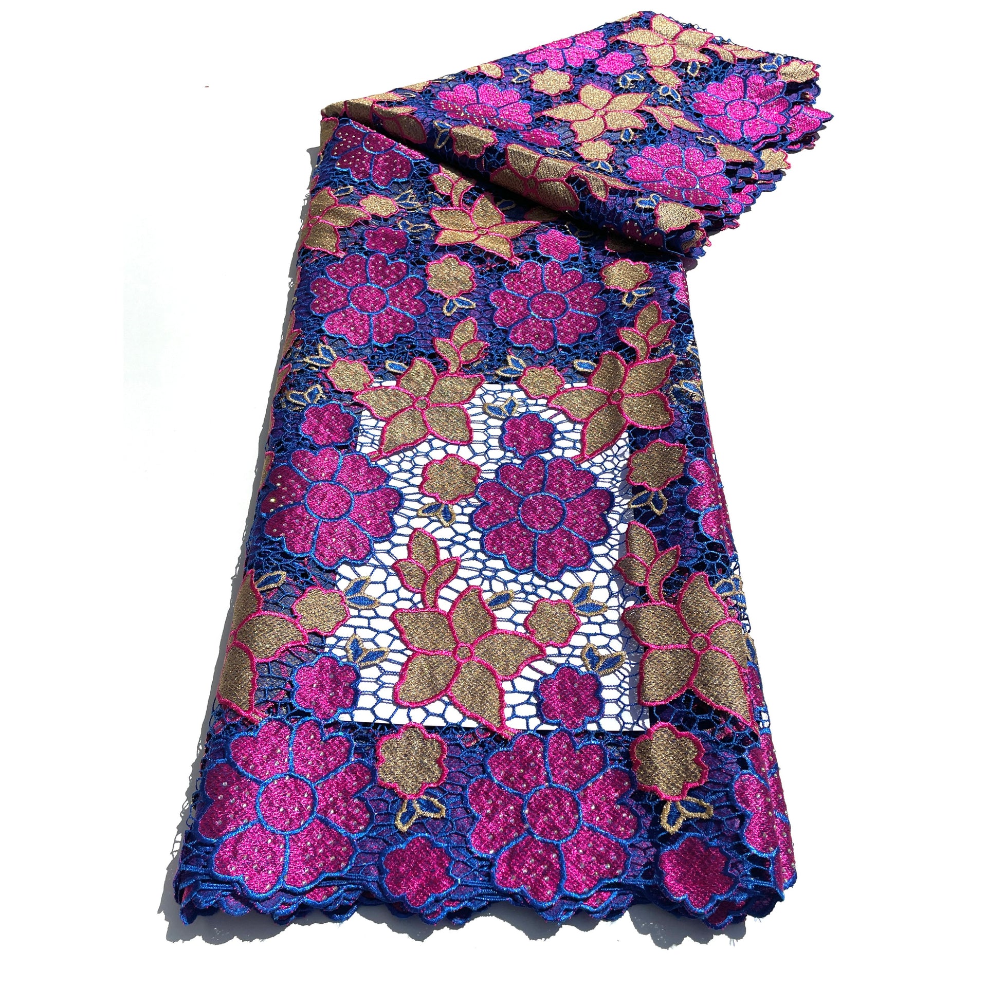 Dentelle Guipure Broderie Africaine - Tissu 5 Yards Coton - BLEU / ROSE / BEIGE